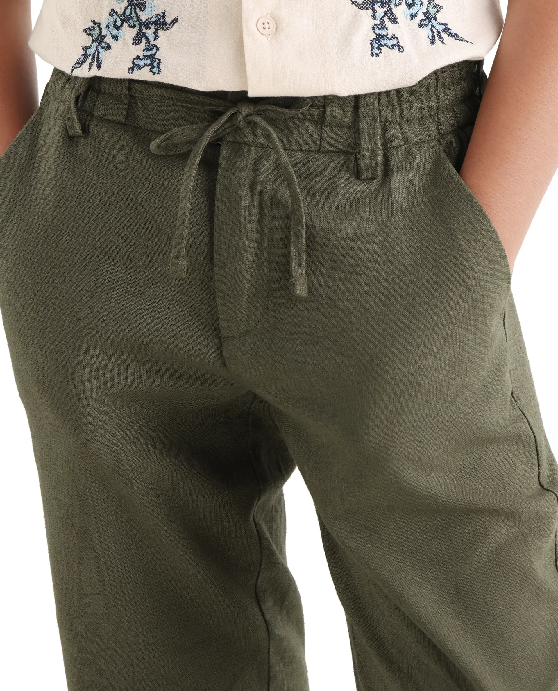 Rare Ones Kids Jomok-B Olive Linen Solid Drawstring Closure Regular Fit Trouser - Image 3