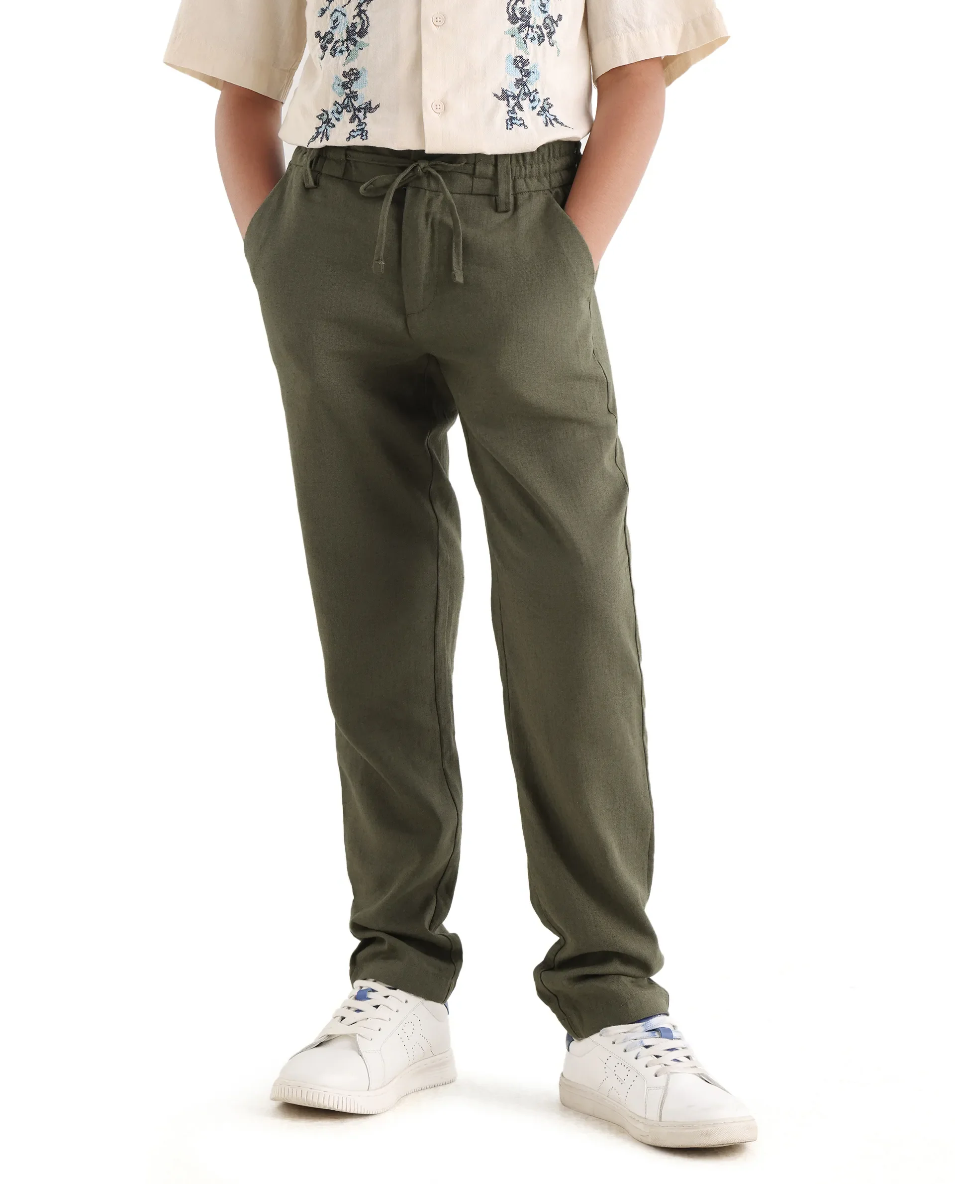 Rare Ones Kids Jomok-B Olive Linen Solid Drawstring Closure Regular Fit Trouser - Image 4
