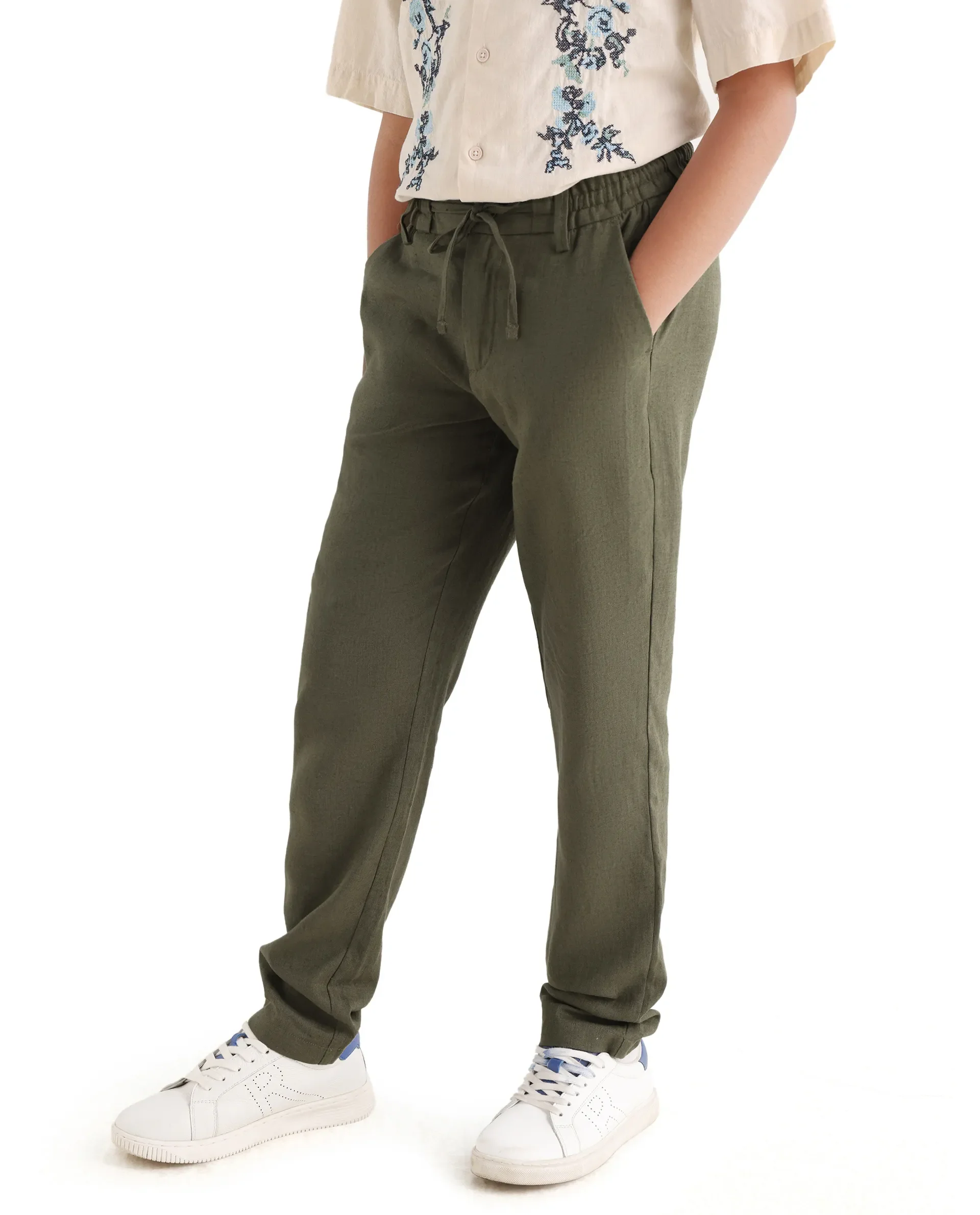Rare Ones Kids Jomok-B Olive Linen Solid Drawstring Closure Regular Fit Trouser - Image 5