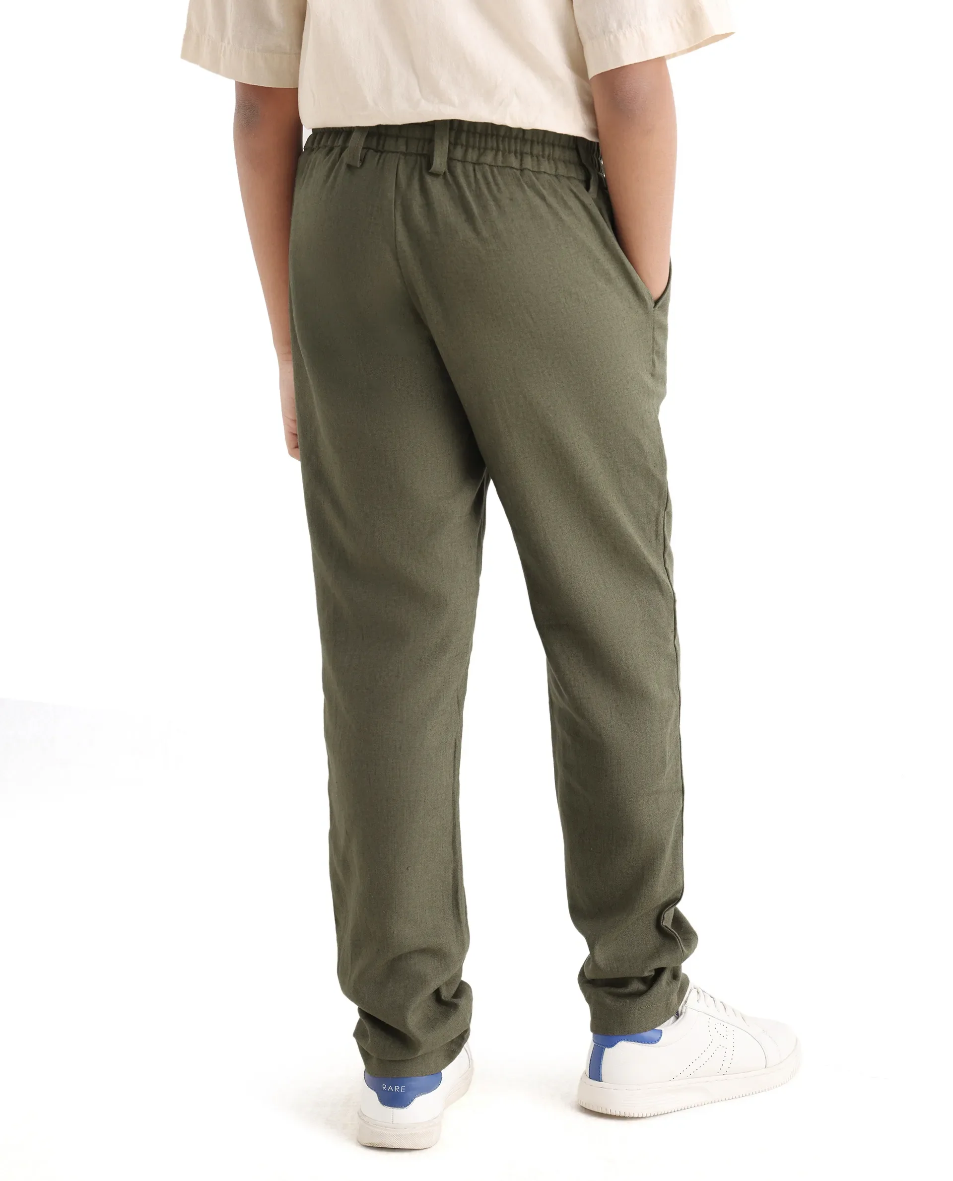 Rare Ones Kids Jomok-B Olive Linen Solid Drawstring Closure Regular Fit Trouser - Image 7