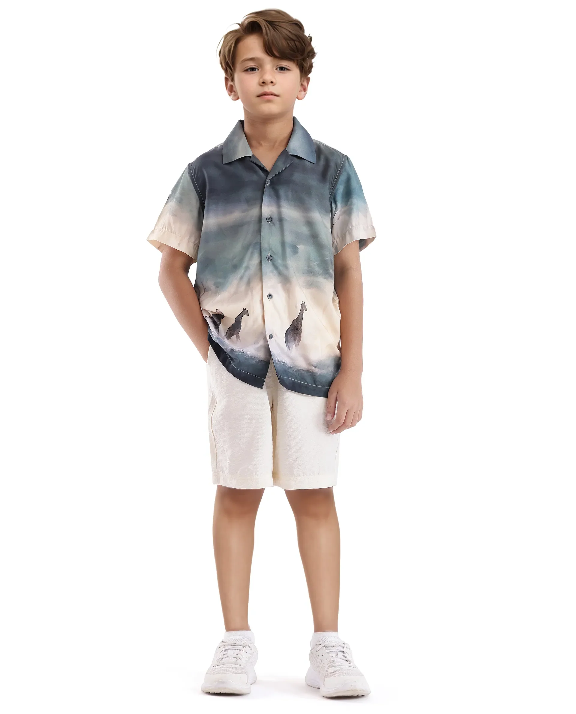 Rare Ones Kids Kenyo Dusky Green Viscose Half Sleeve Cuban Collar Printed Shirt - Image 2
