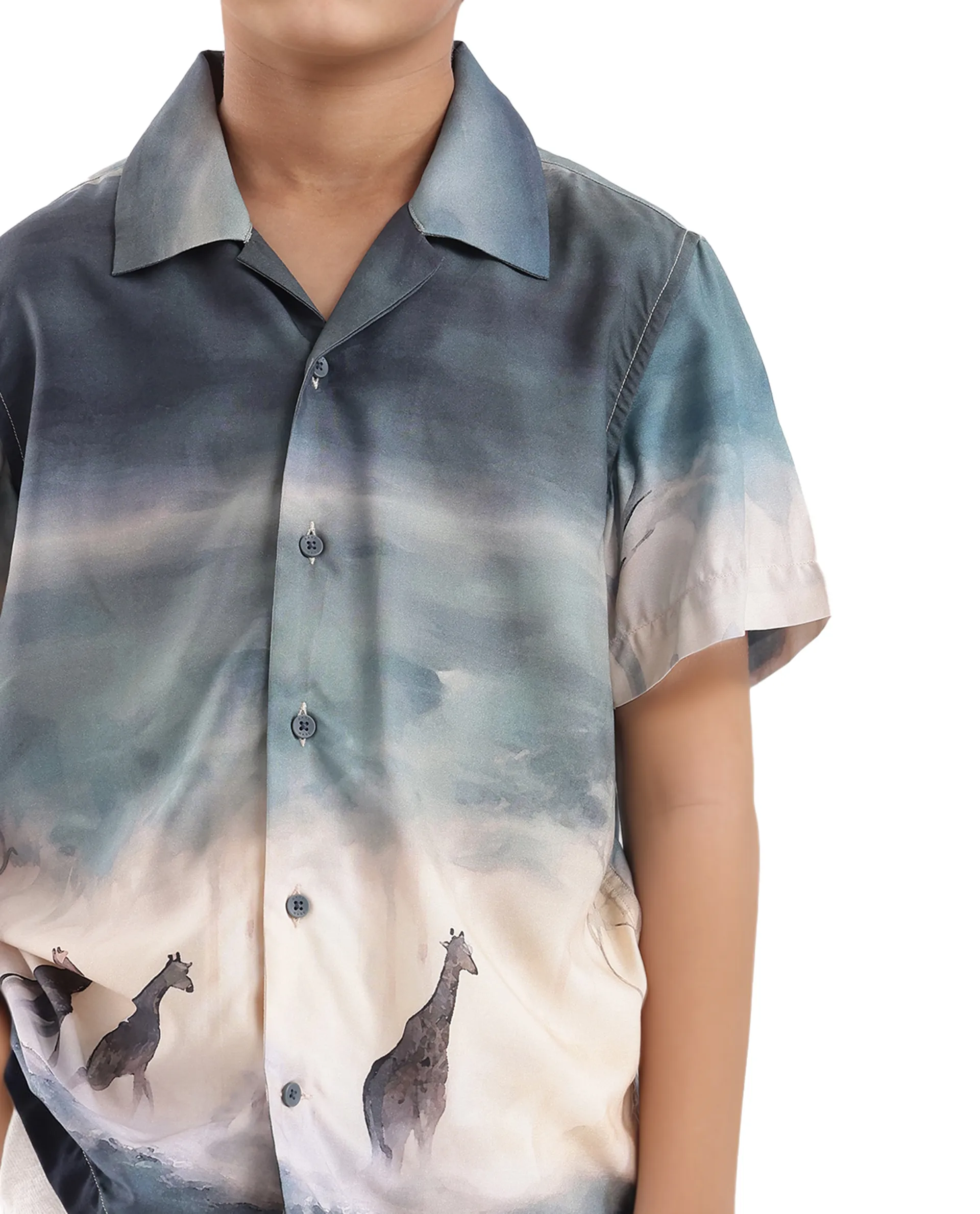 Rare Ones Kids Kenyo Dusky Green Viscose Half Sleeve Cuban Collar Printed Shirt - Image 4