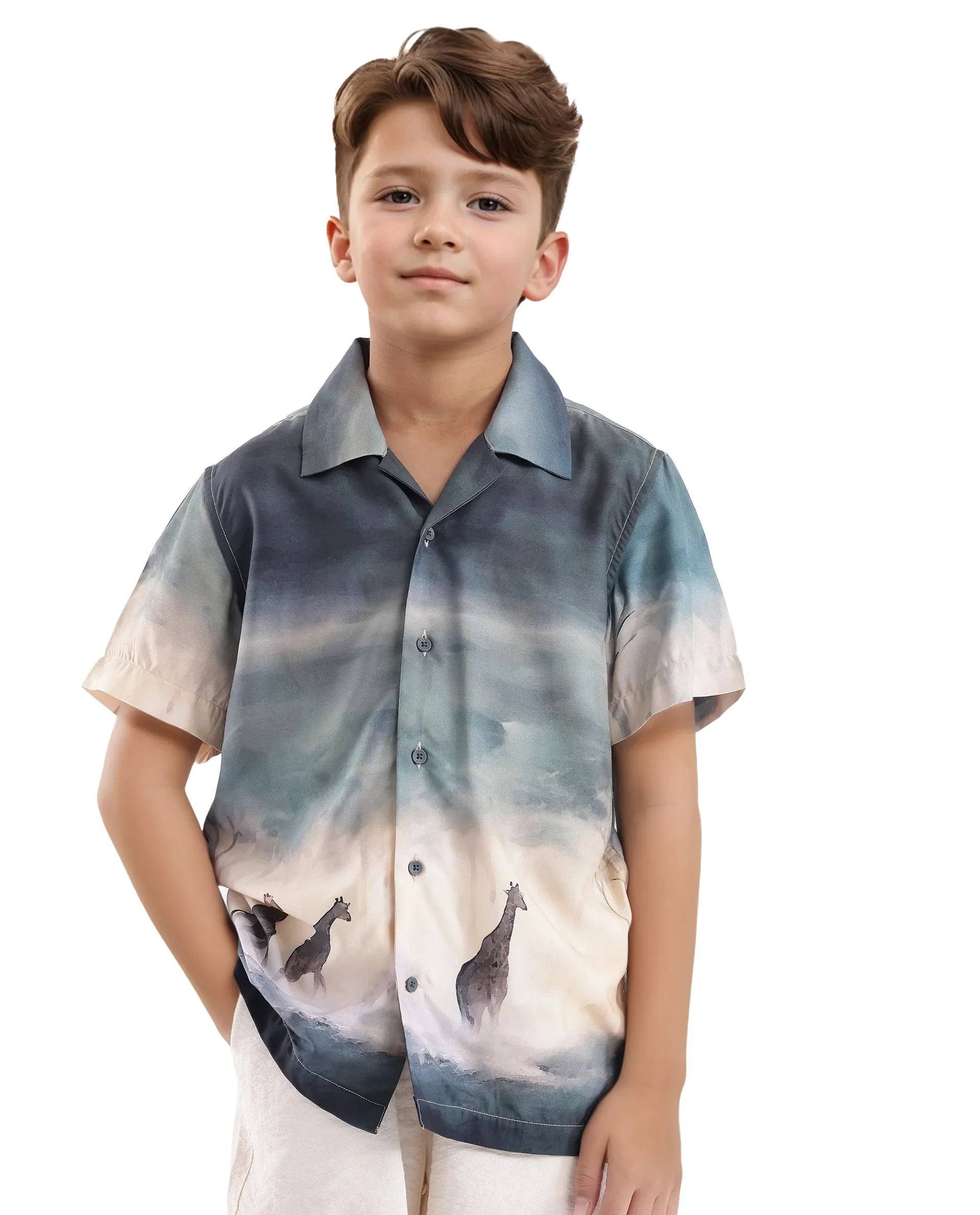Rare Ones Kids Kenyo Dusky Green Viscose Half Sleeve Cuban Collar Printed Shirt - Image 5