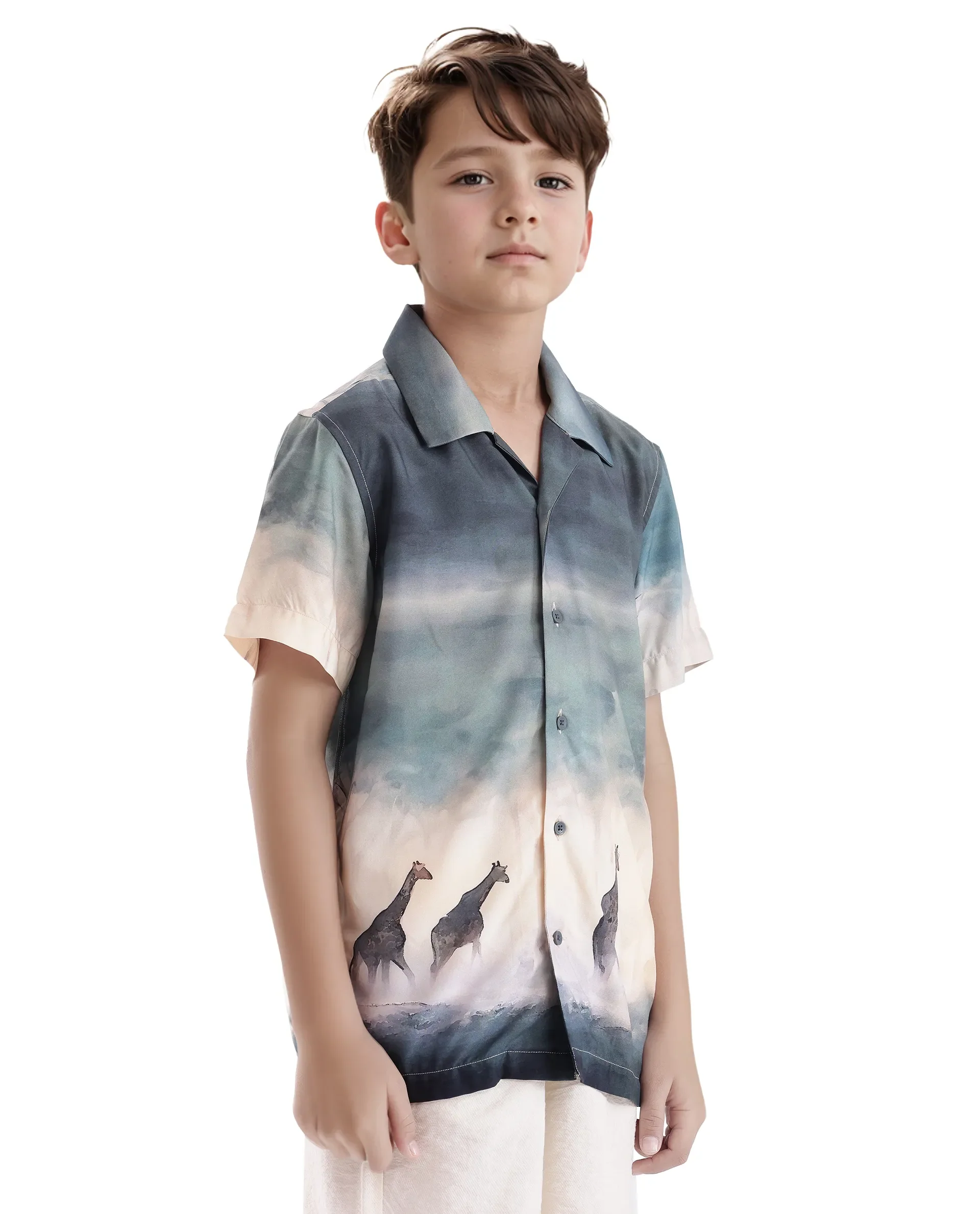 Rare Ones Kids Kenyo Dusky Green Viscose Half Sleeve Cuban Collar Printed Shirt - Image 6