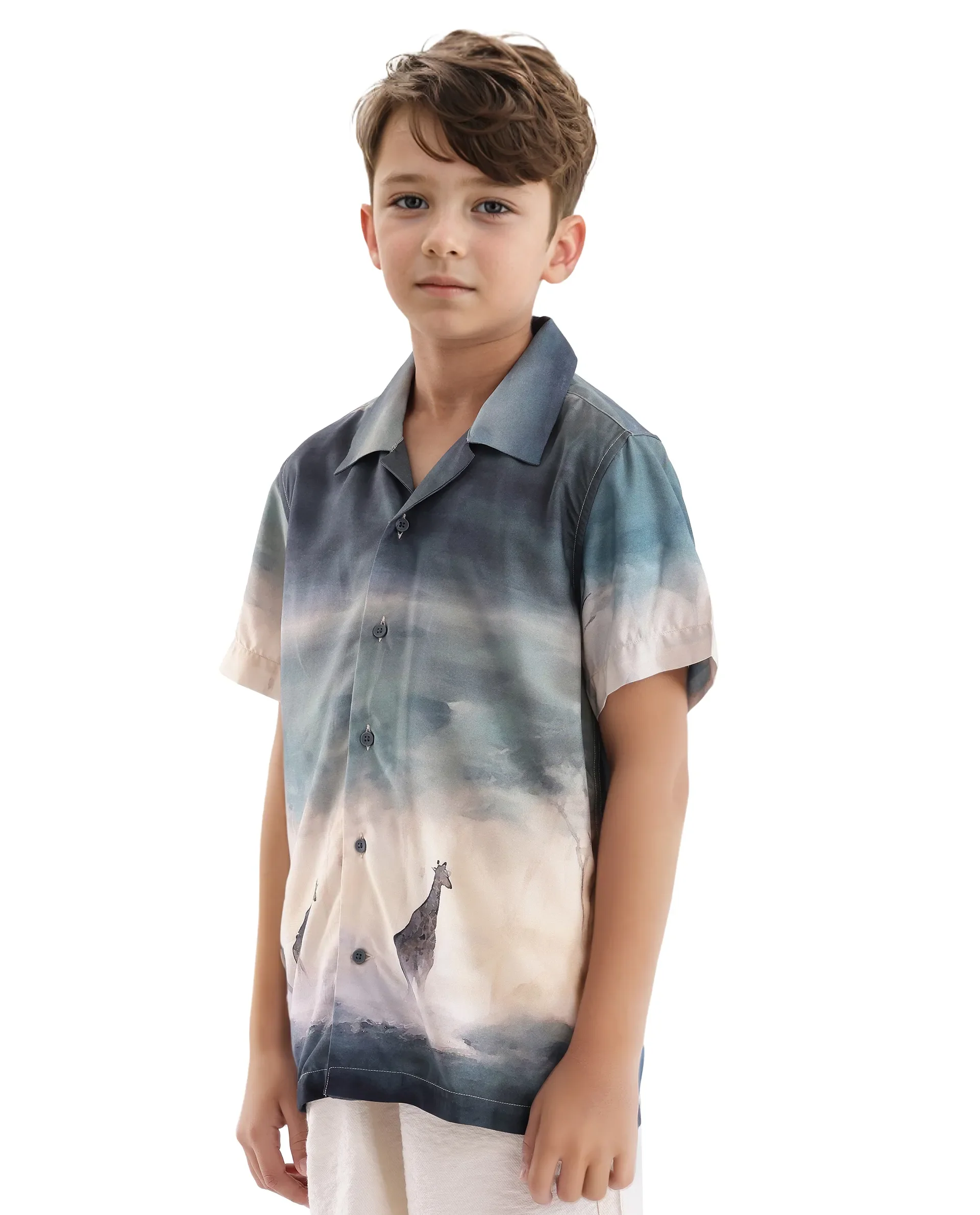 Rare Ones Kids Kenyo Dusky Green Viscose Half Sleeve Cuban Collar Printed Shirt - Image 7