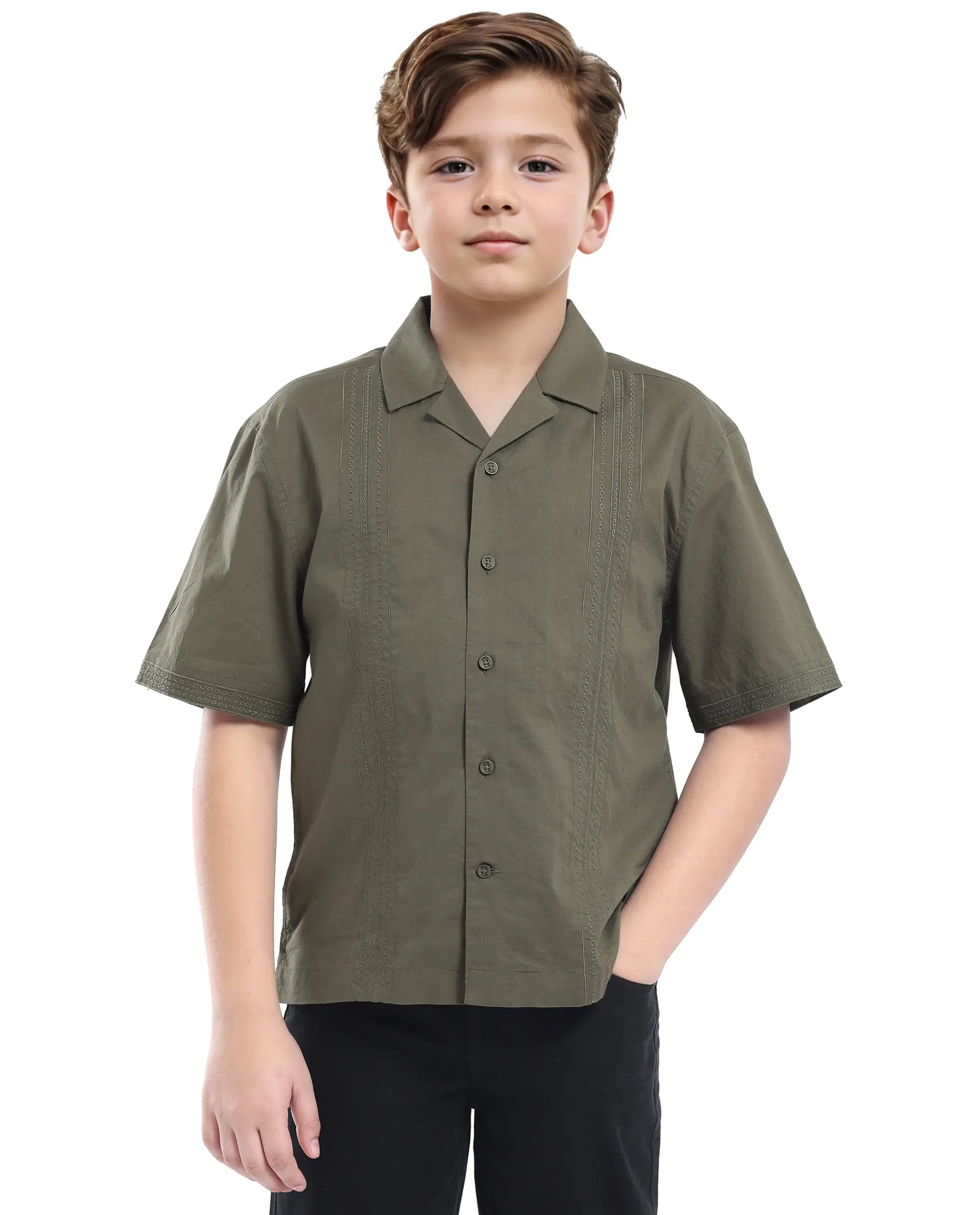 Rare Ones Kids Kyte-S Olive Cotton Half Sleeve Solid Button Closure Regular Fit Shirt - Image 3