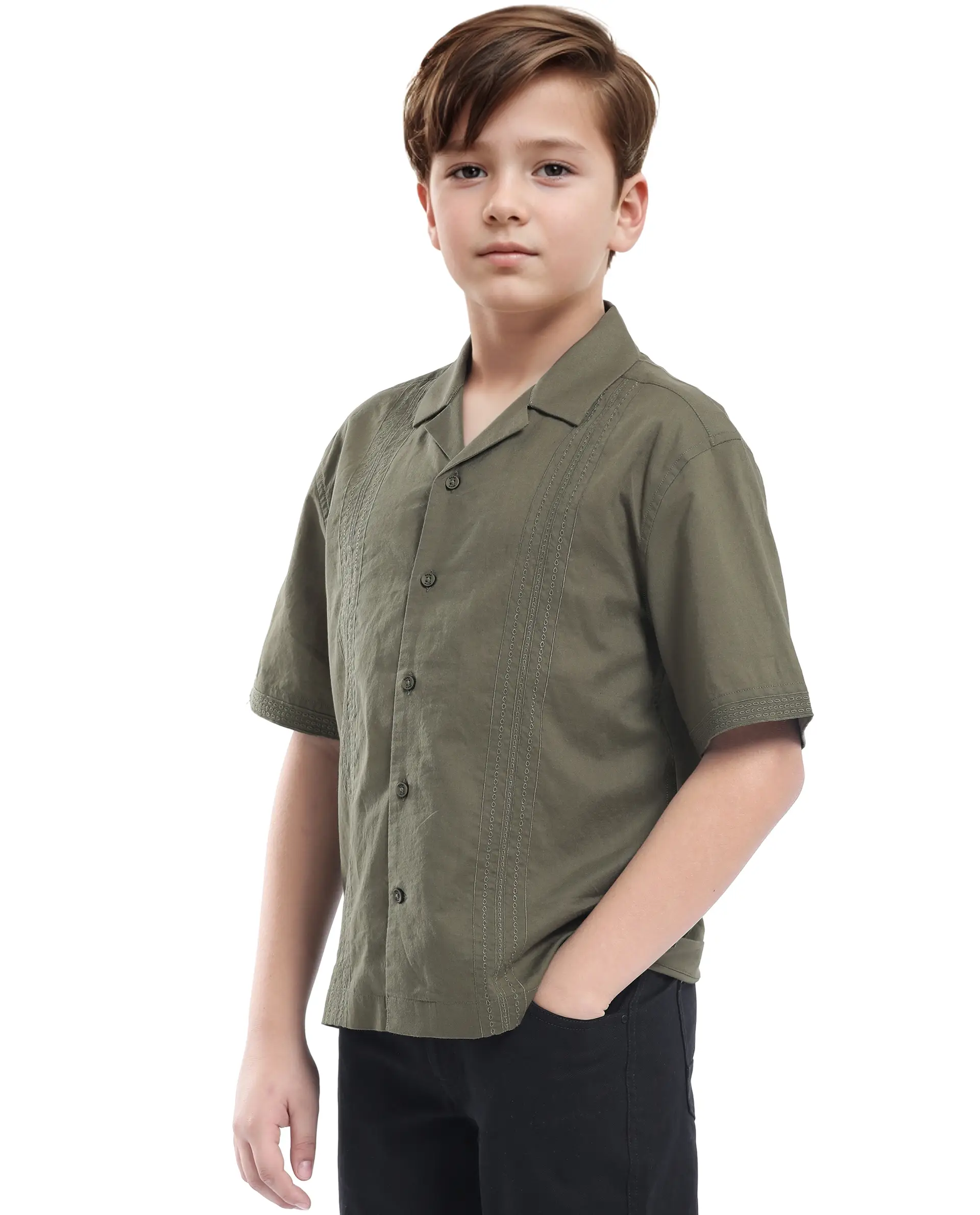 Rare Ones Kids Kyte-S Olive Cotton Half Sleeve Solid Button Closure Regular Fit Shirt - Image 6