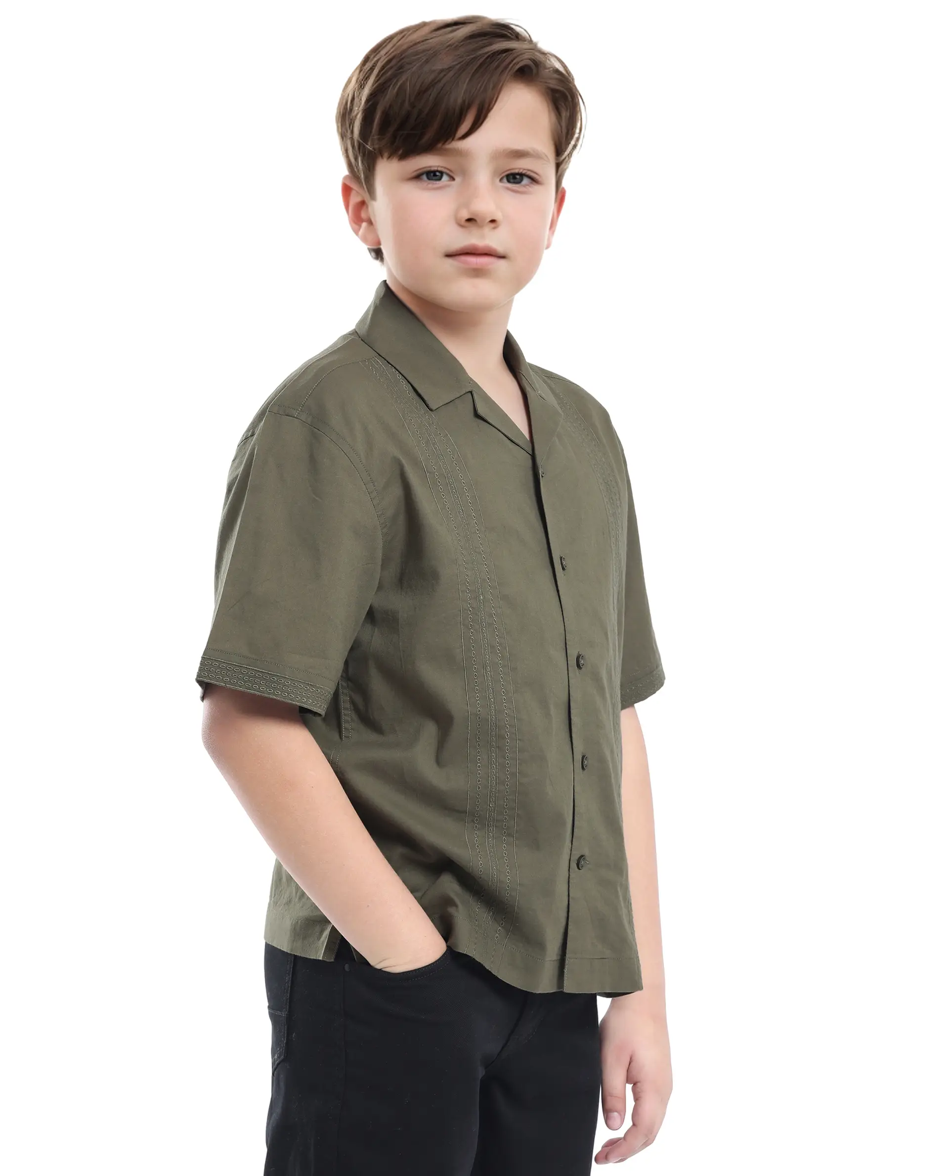 Rare Ones Kids Kyte-S Olive Cotton Half Sleeve Solid Button Closure Regular Fit Shirt - Image 7