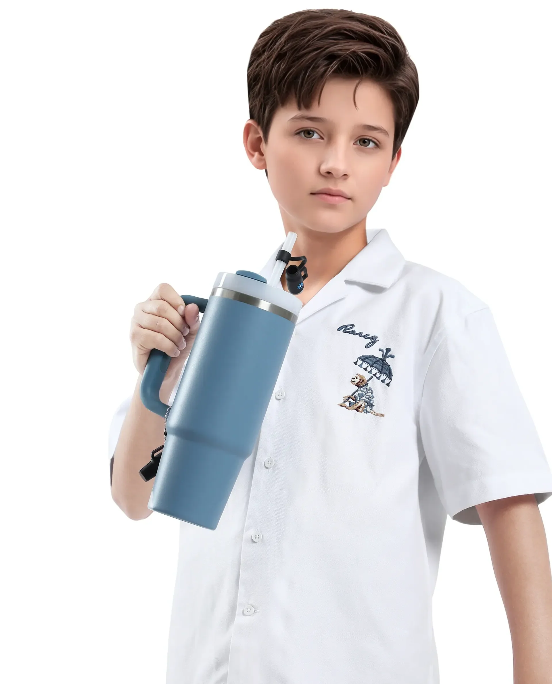 Rare Ones Kids Ofo White Cotton Blend Full Sleeve Button Embroidered Regular Fit Shirt