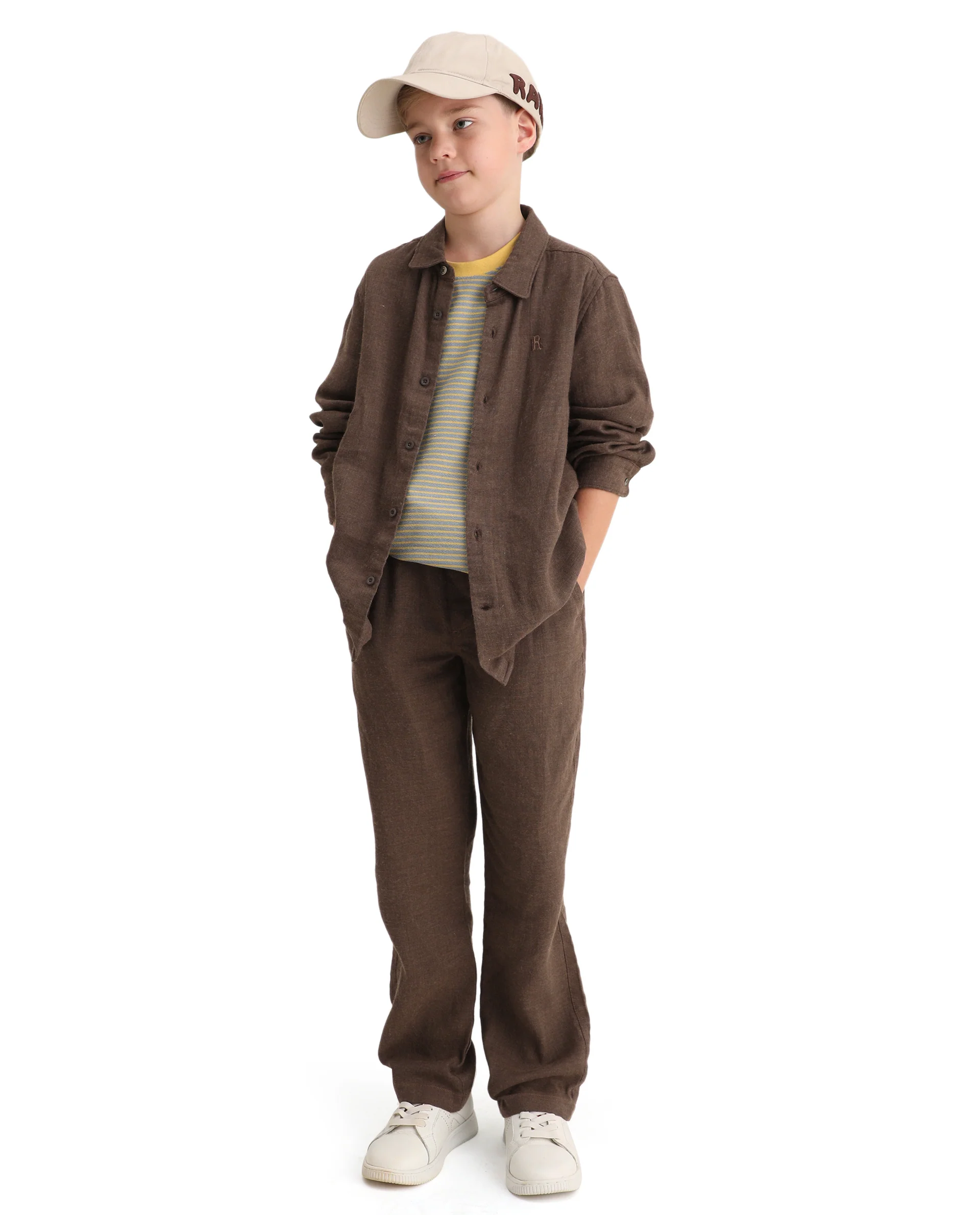Rare Ones Kids Quen-B Brown Cotton Solid Button Closure Regular Fit Trouser