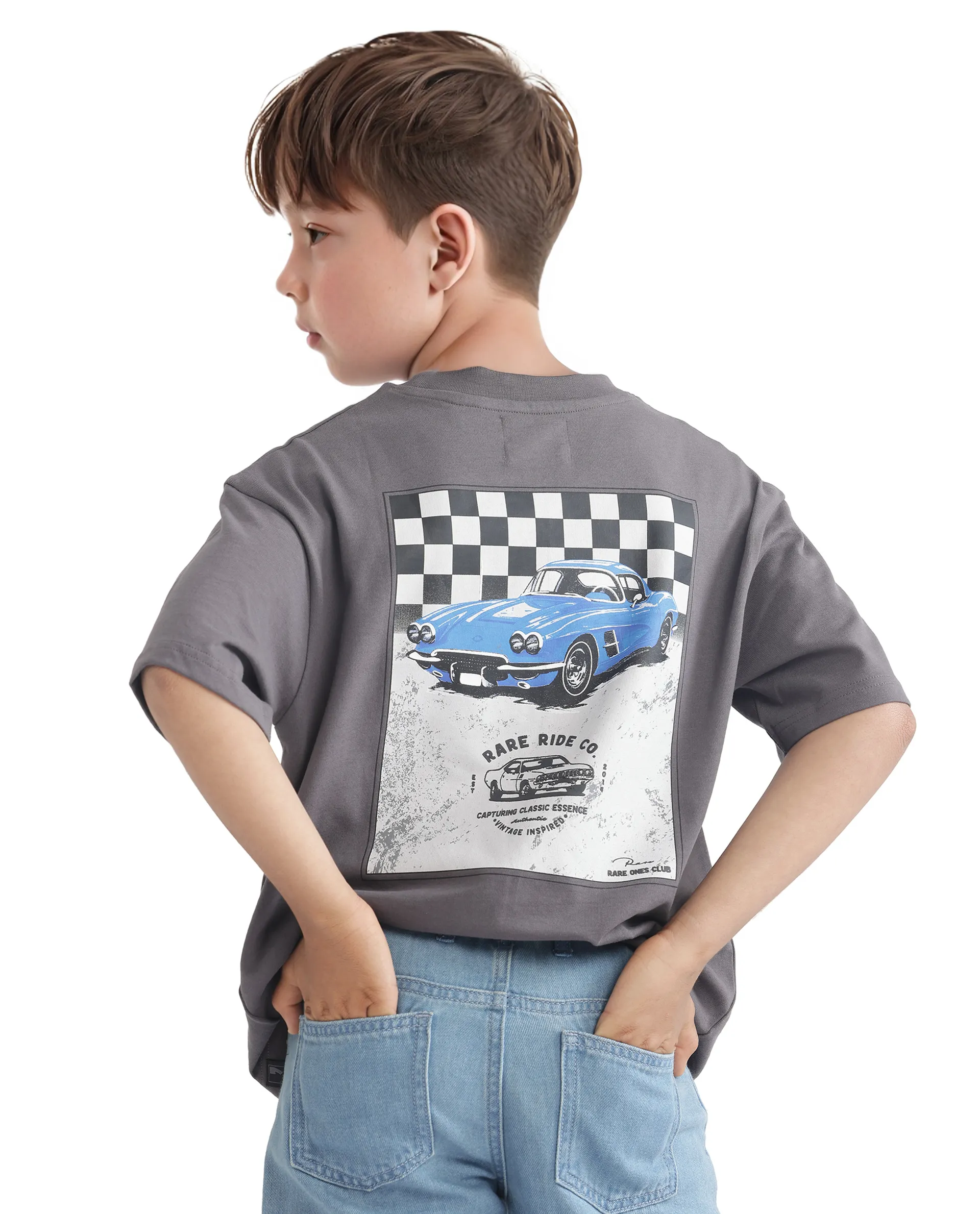 Rare Ones Kids Swyft Dark Grey Cotton Half Sleeve Slip-On Printed Boxy Fit T-Shirt