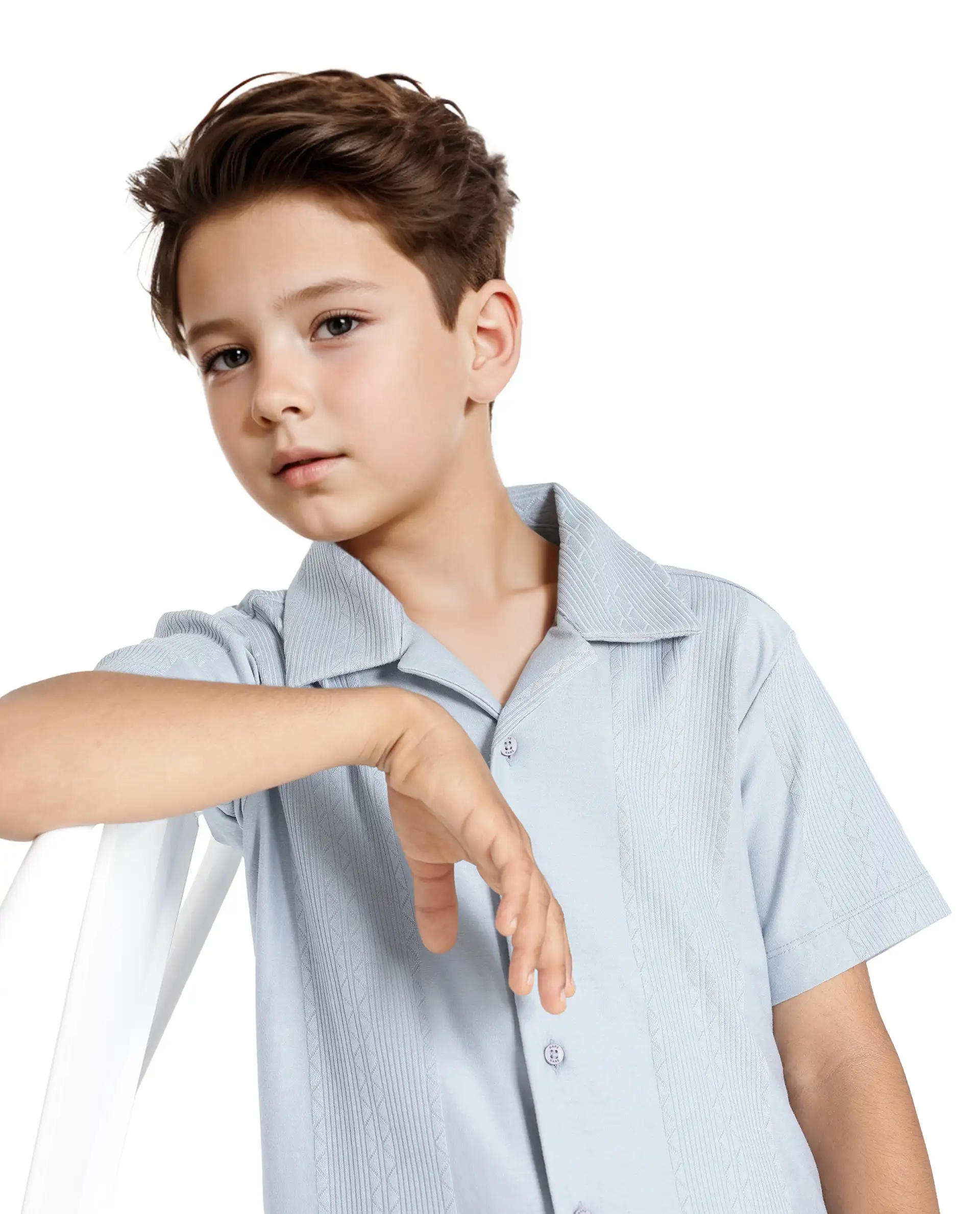 Rare Ones Kids Zinon Dusky Blue Cotton Full Sleeve Cuban Collar Jacquard Shirt