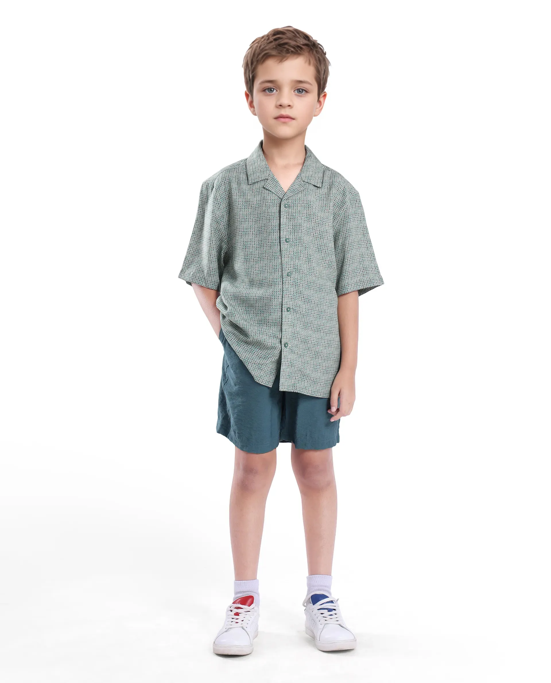 Rare Ones Kids Zyro Green Viscose Half Sleeve Button Printed Regular Fit Shirt - Image 2
