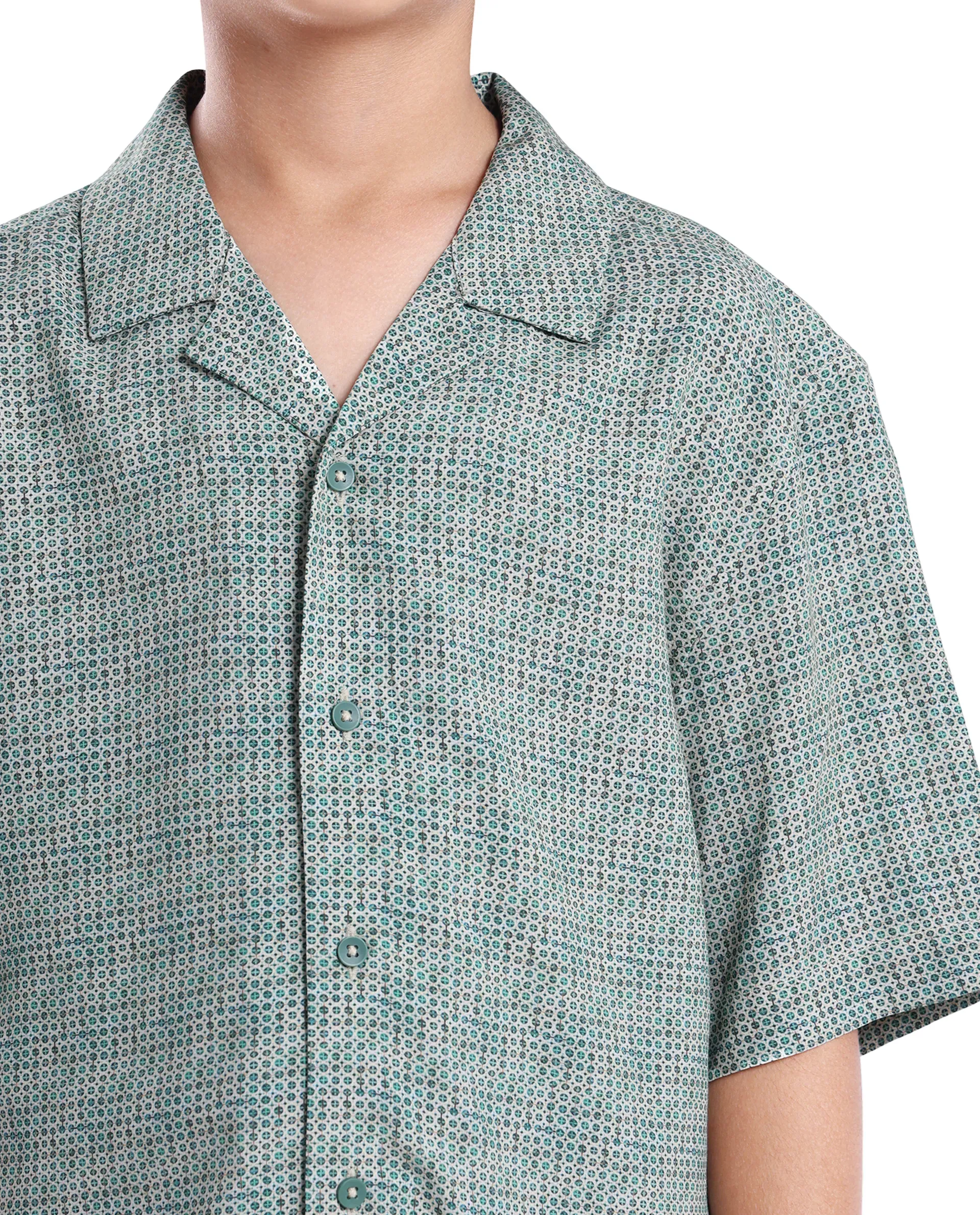 Rare Ones Kids Zyro Green Viscose Half Sleeve Button Printed Regular Fit Shirt - Image 3