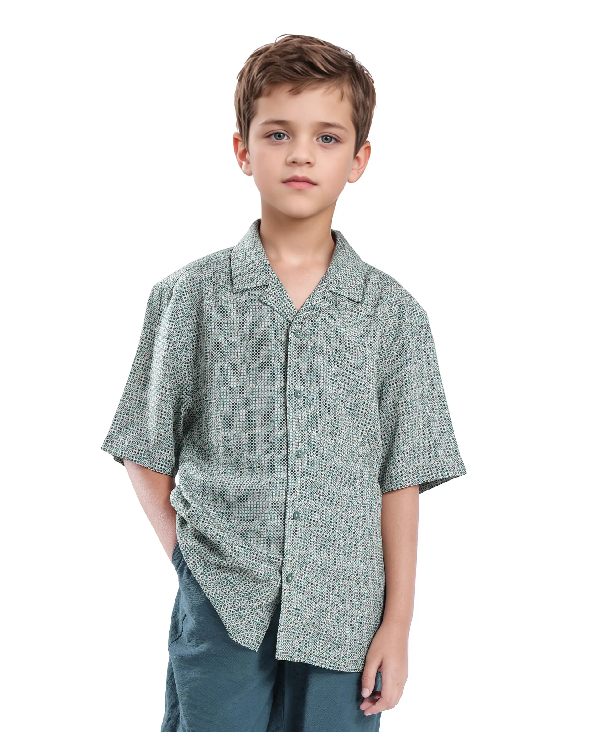 Rare Ones Kids Zyro Green Viscose Half Sleeve Button Printed Regular Fit Shirt - Image 4