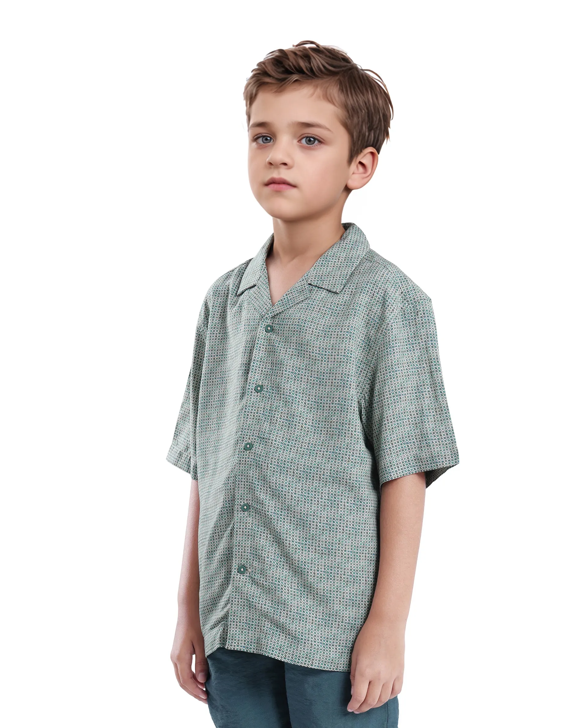 Rare Ones Kids Zyro Green Viscose Half Sleeve Button Printed Regular Fit Shirt - Image 5