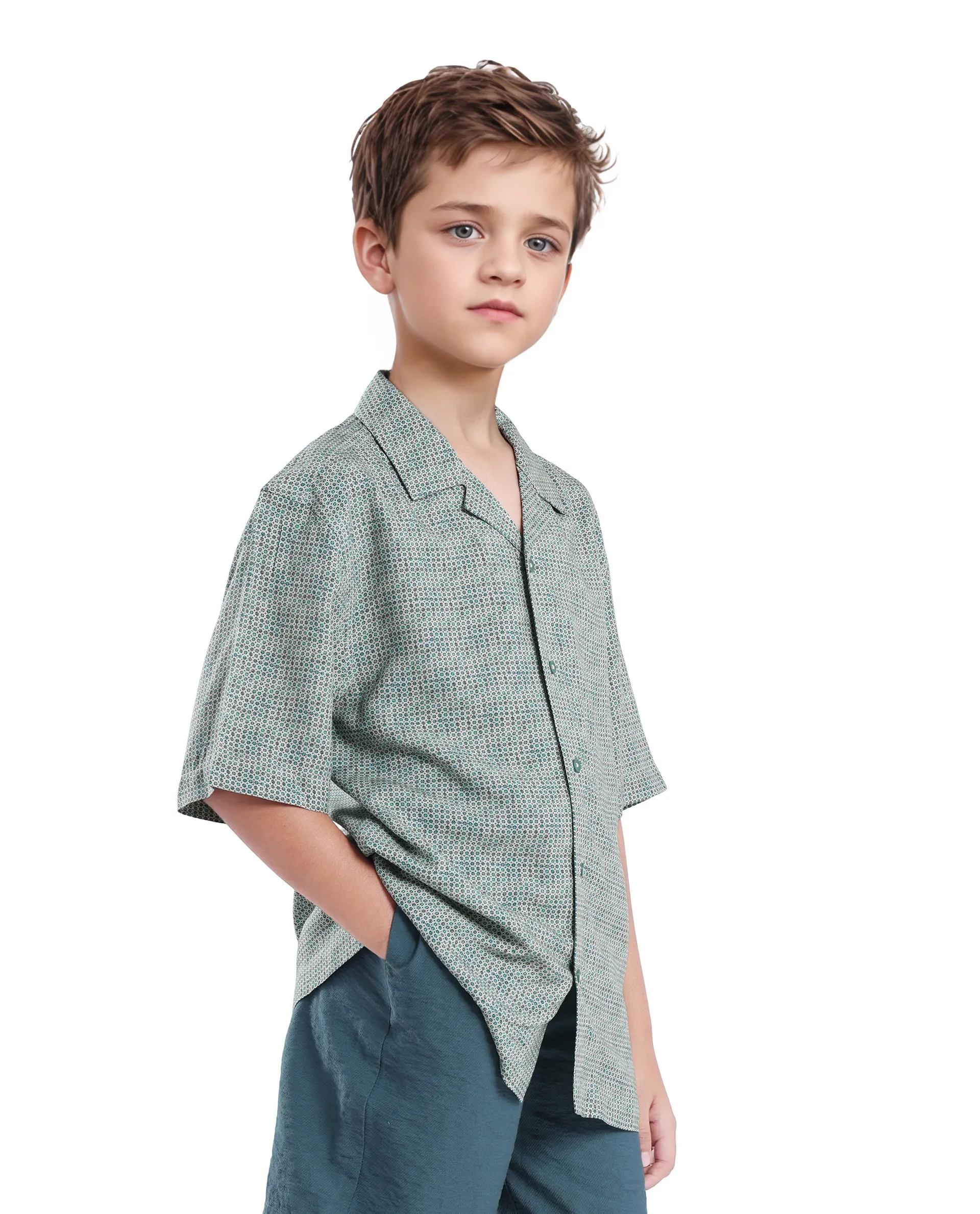 Rare Ones Kids Zyro Green Viscose Half Sleeve Button Printed Regular Fit Shirt - Image 6