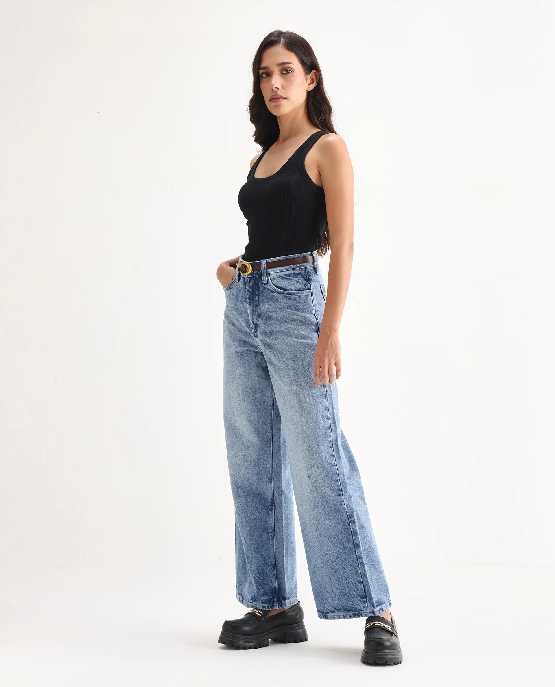 Rareism Women's Kikoa Light Blue Cotton Blend Plain Ankle Length Wide Jeans - Image 6