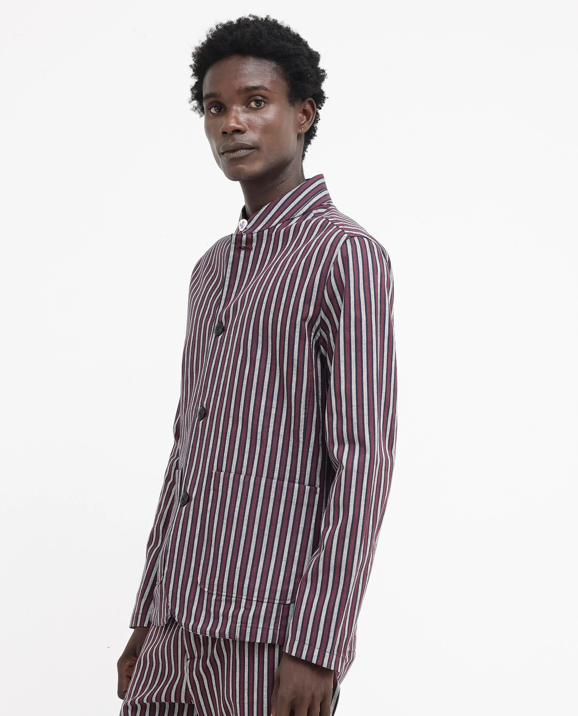 Rare Rabbit Men's Kimon Maroon Linen Blend Striped Print Relaxed Fit Full Sleeve Mandarin Collar Jacket - Image 5