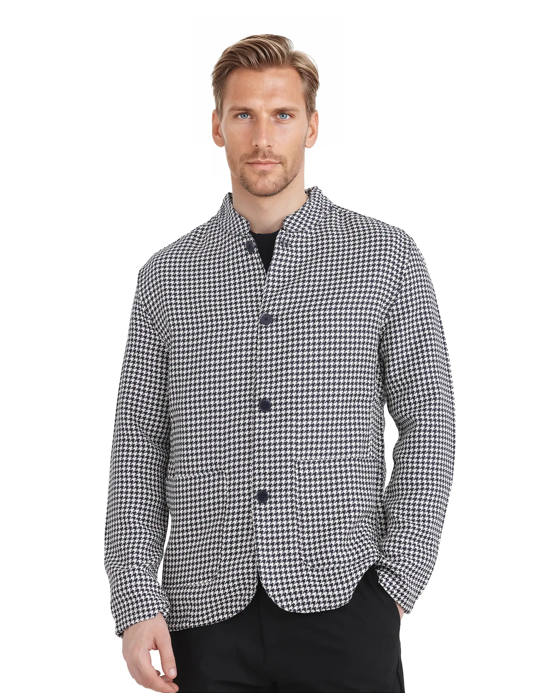 Rare Rabbit Men's Kinghound Navy Polyester Houndstooth Print Regular Fit Full Sleeve Mandarin Collar Jacket