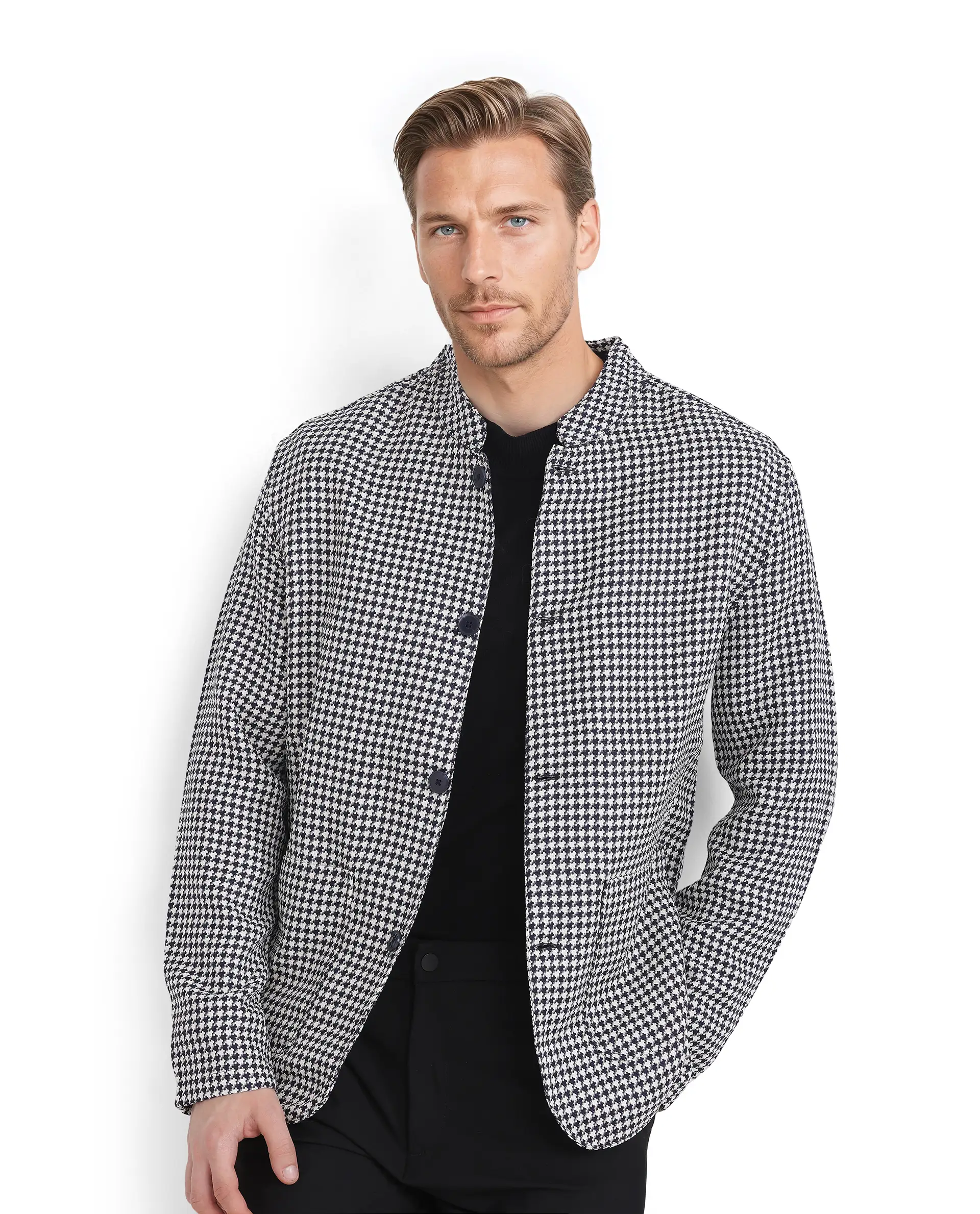 Rare Rabbit Men's Kinghound Navy Polyester Houndstooth Print Regular Fit Full Sleeve Mandarin Collar Jacket - Image 2