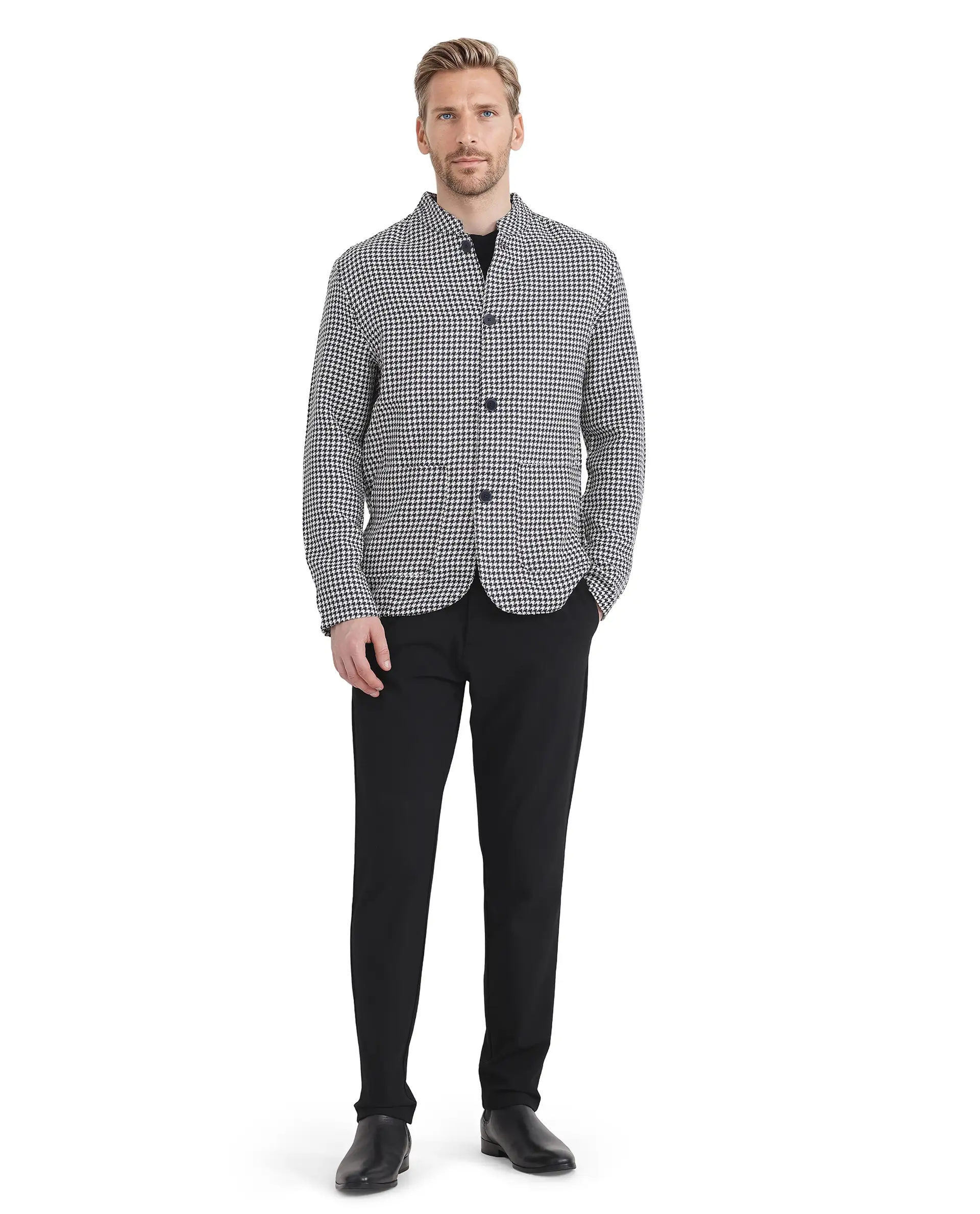 Rare Rabbit Men's Kinghound Navy Polyester Houndstooth Print Regular Fit Full Sleeve Mandarin Collar Jacket - Image 3