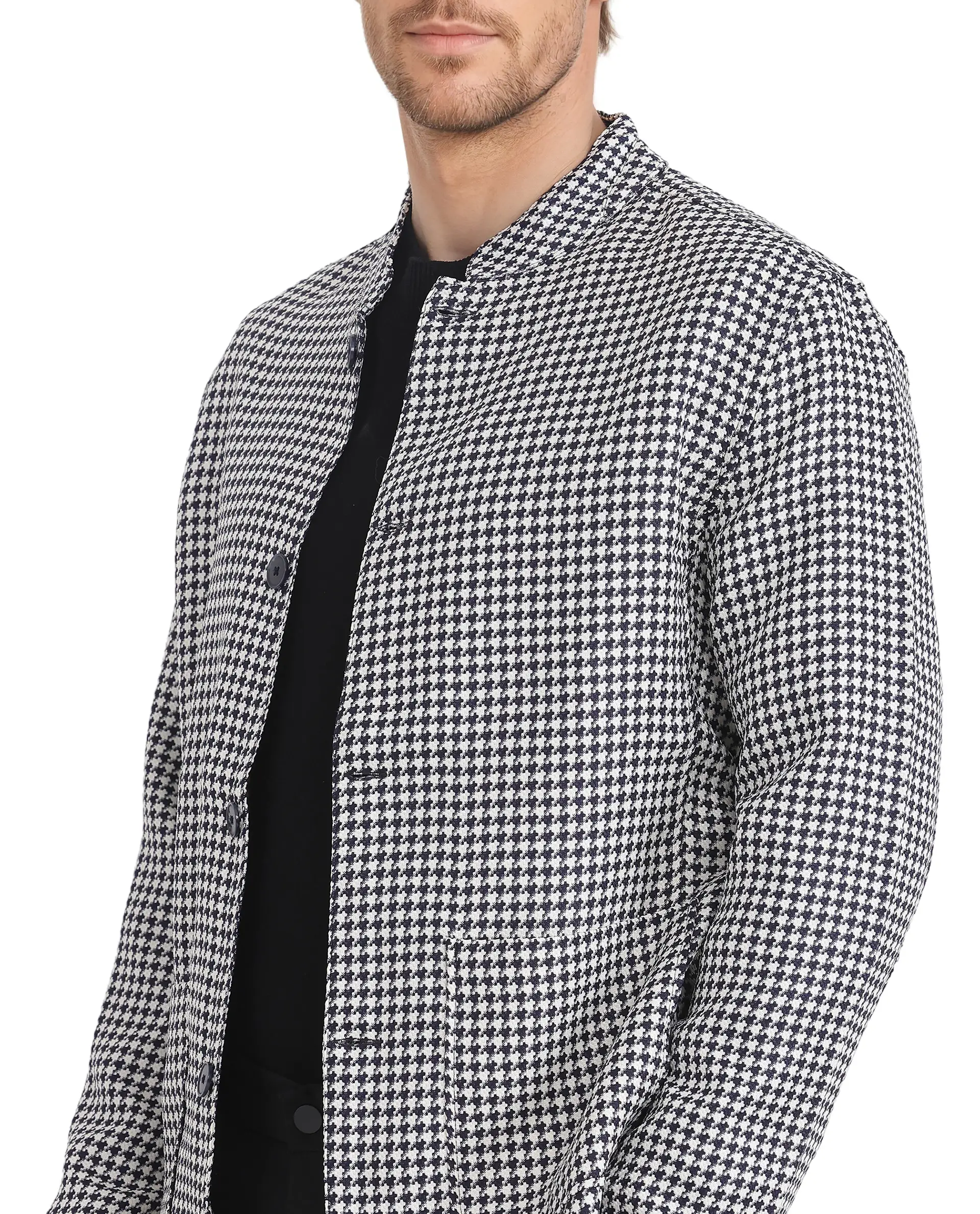 Rare Rabbit Men's Kinghound Navy Polyester Houndstooth Print Regular Fit Full Sleeve Mandarin Collar Jacket - Image 4