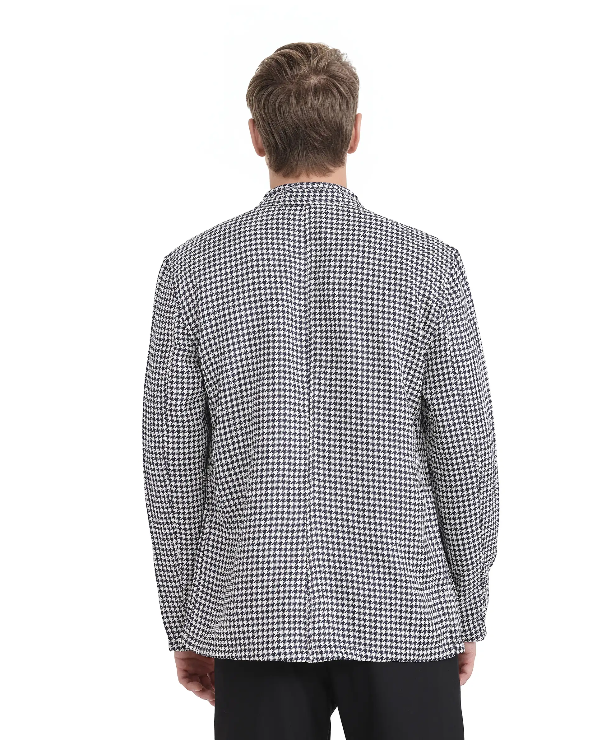 Rare Rabbit Men's Kinghound Navy Polyester Houndstooth Print Regular Fit Full Sleeve Mandarin Collar Jacket - Image 5