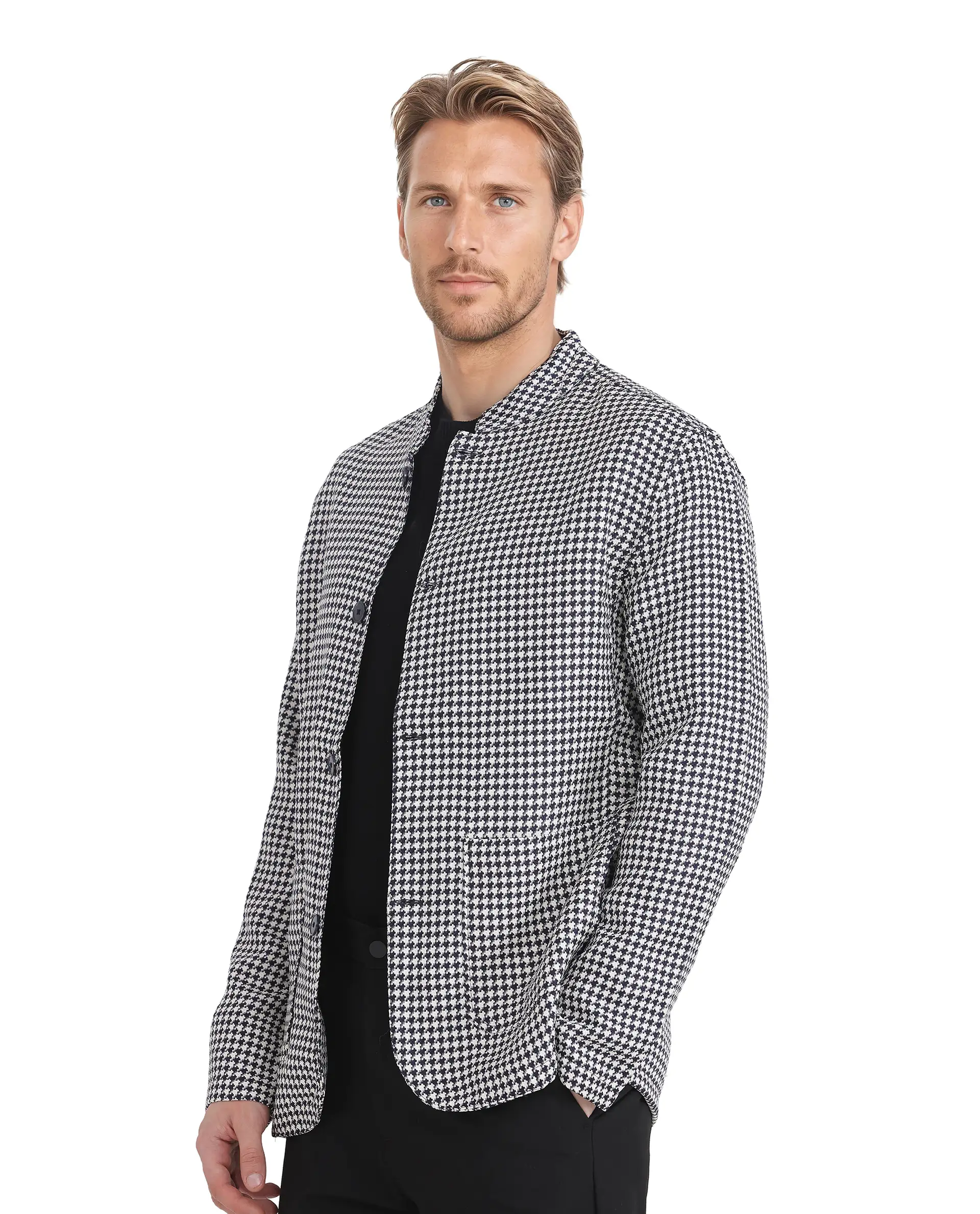 Rare Rabbit Men's Kinghound Navy Polyester Houndstooth Print Regular Fit Full Sleeve Mandarin Collar Jacket - Image 6