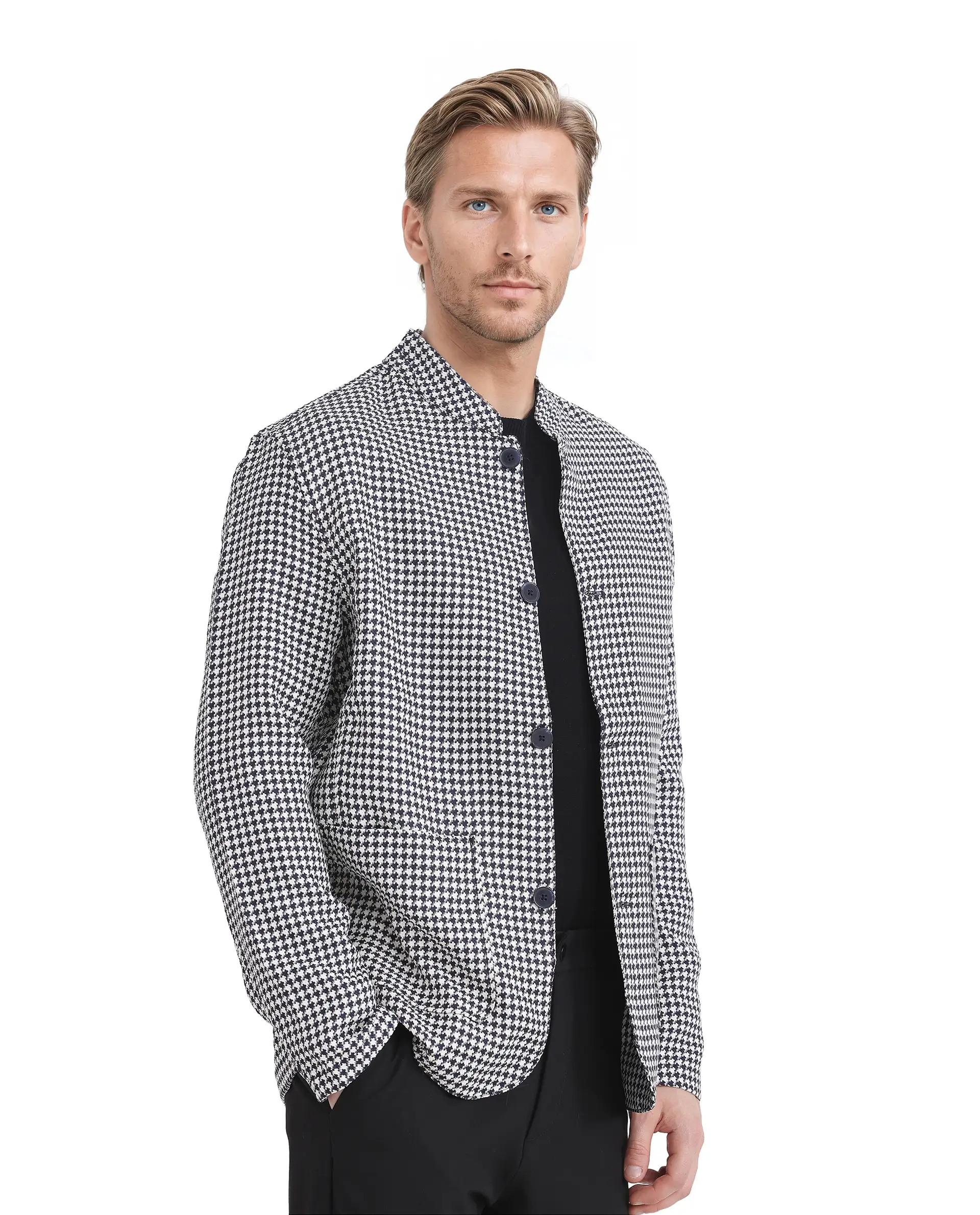 Rare Rabbit Men's Kinghound Navy Polyester Houndstooth Print Regular Fit Full Sleeve Mandarin Collar Jacket - Image 7