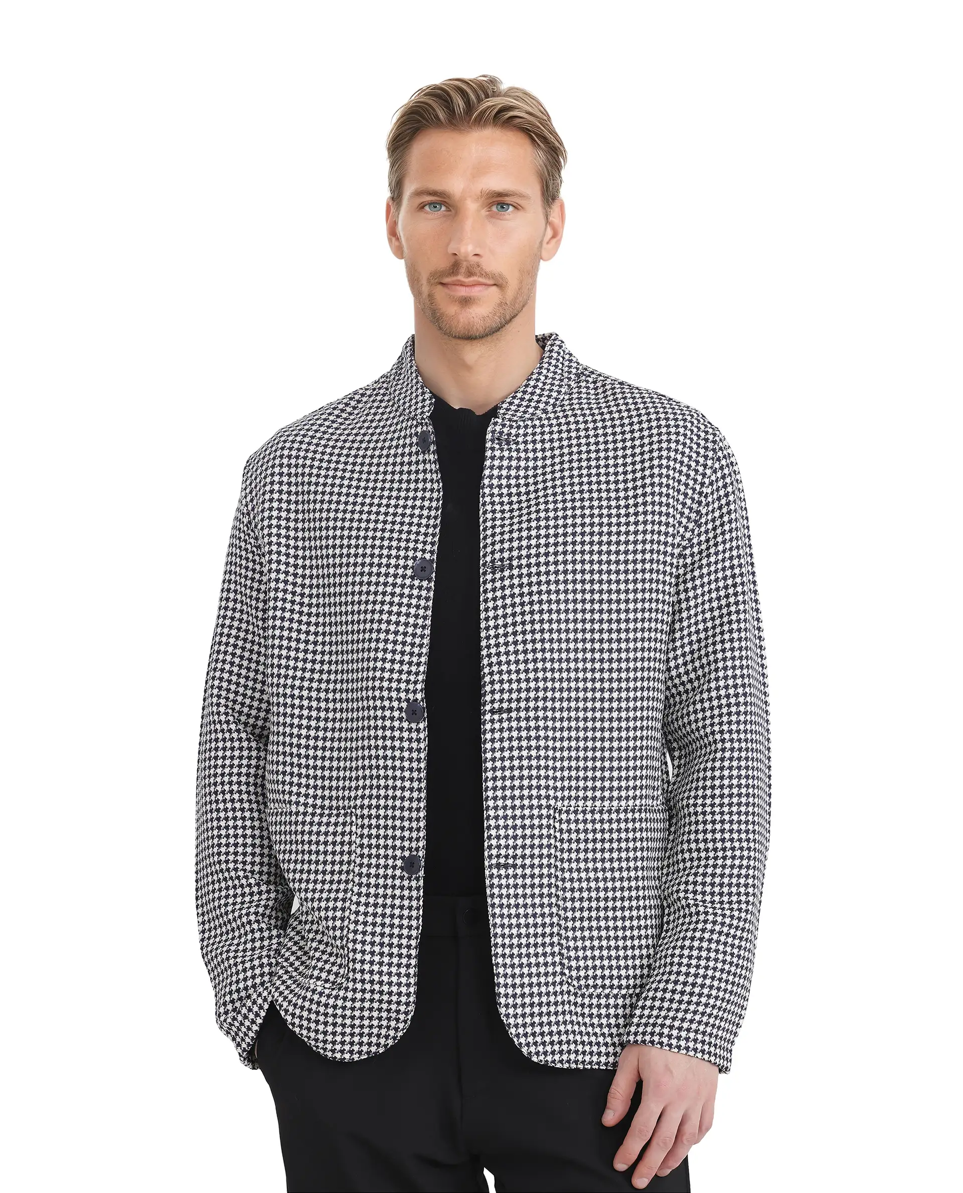 Rare Rabbit Men's Kinghound Navy Polyester Houndstooth Print Regular Fit Full Sleeve Mandarin Collar Jacket - Image 8