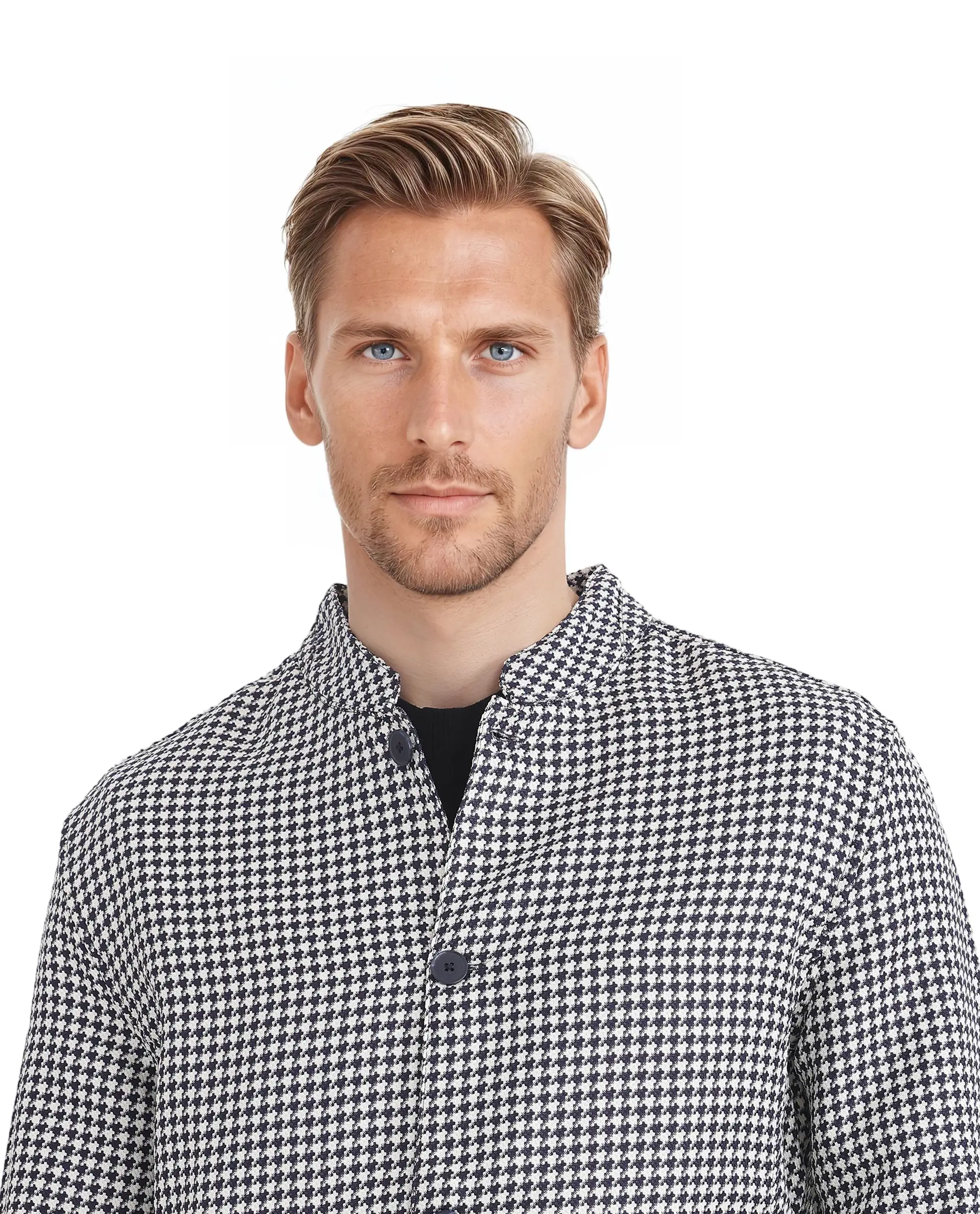 Rare Rabbit Men's Kinghound Navy Polyester Houndstooth Print Regular Fit Full Sleeve Mandarin Collar Jacket - Image 9