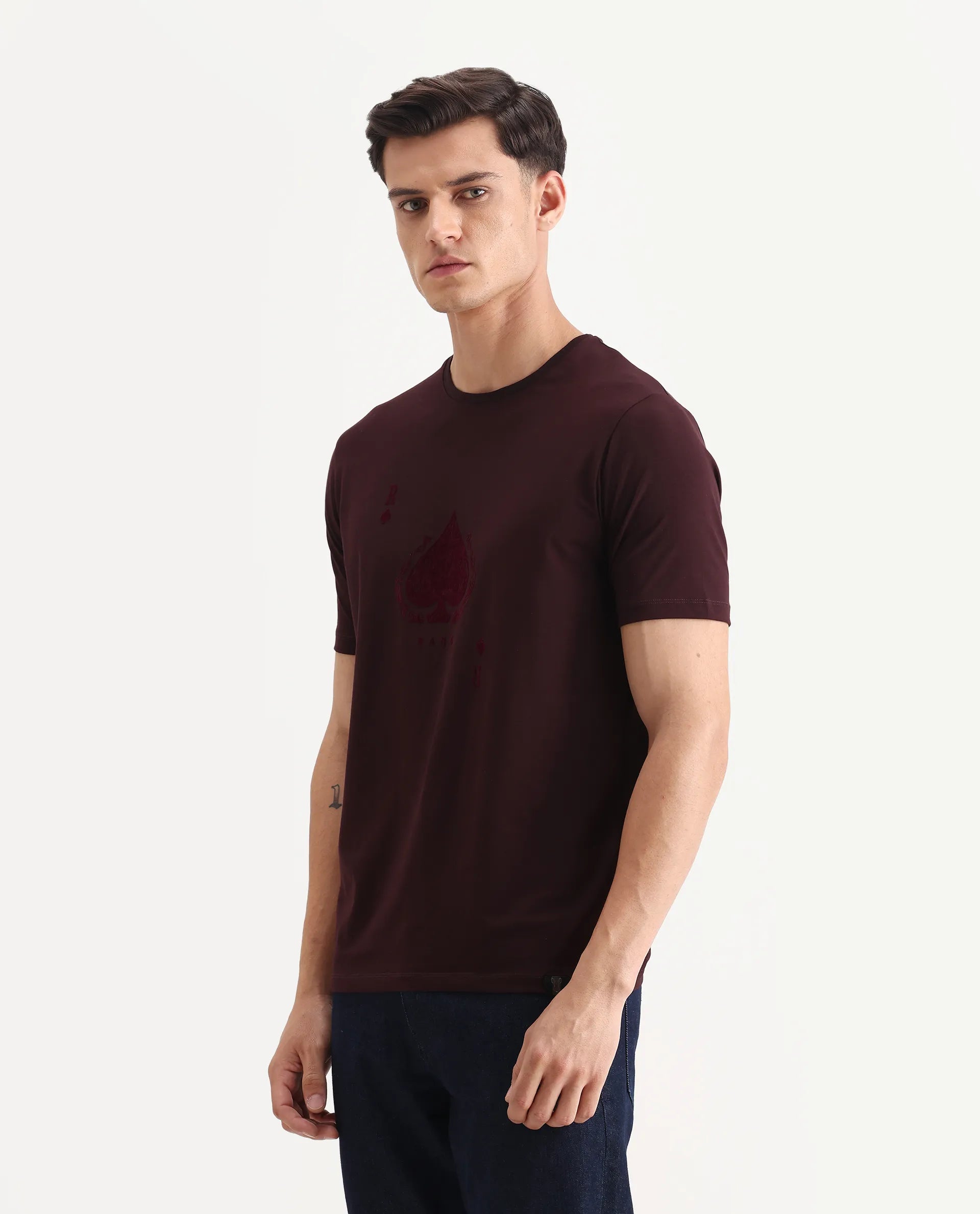 Rare Rabbit Men's Kios Dark Brown Cotton Blend Graphic Print Regular Fit Half Sleeve Crew Neck T-Shirt - Image 5