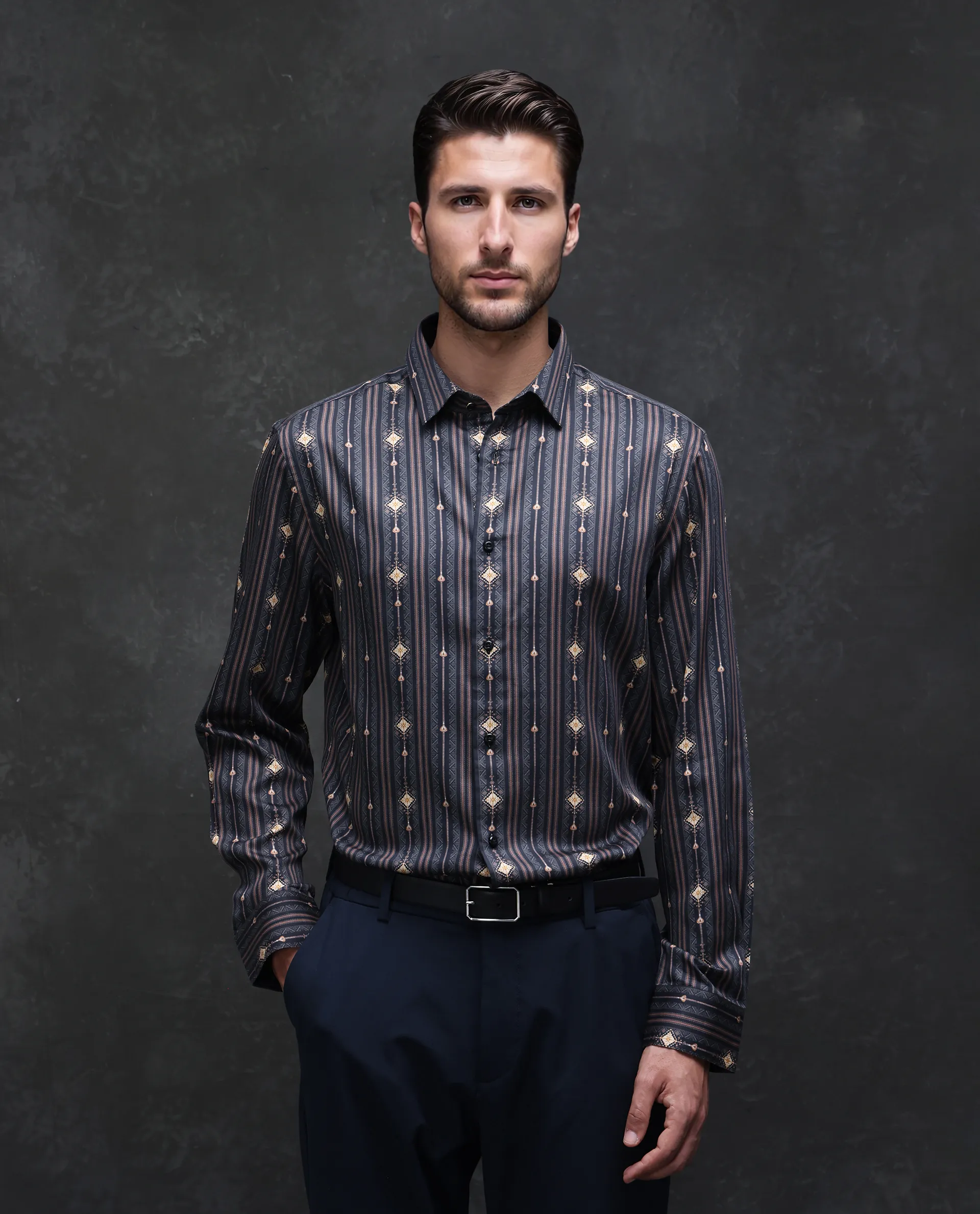 Rare Rabbit Men's Kivra Black Cotton Blend Geometric Print Regular Fit Full Sleeve Collared Shirt