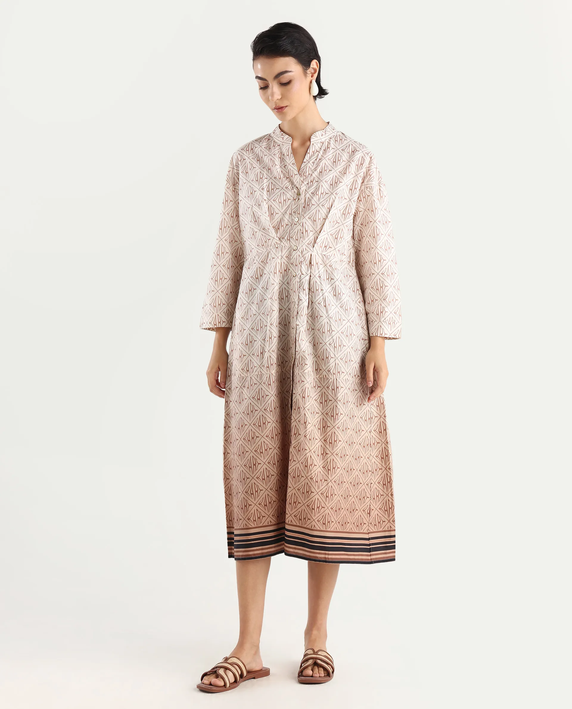 Rareism Women's Klee Beige Cotton Mandarin Collar Geometric Print Cuffed Sleeve Midi Fit And Flare Dress - Image 2