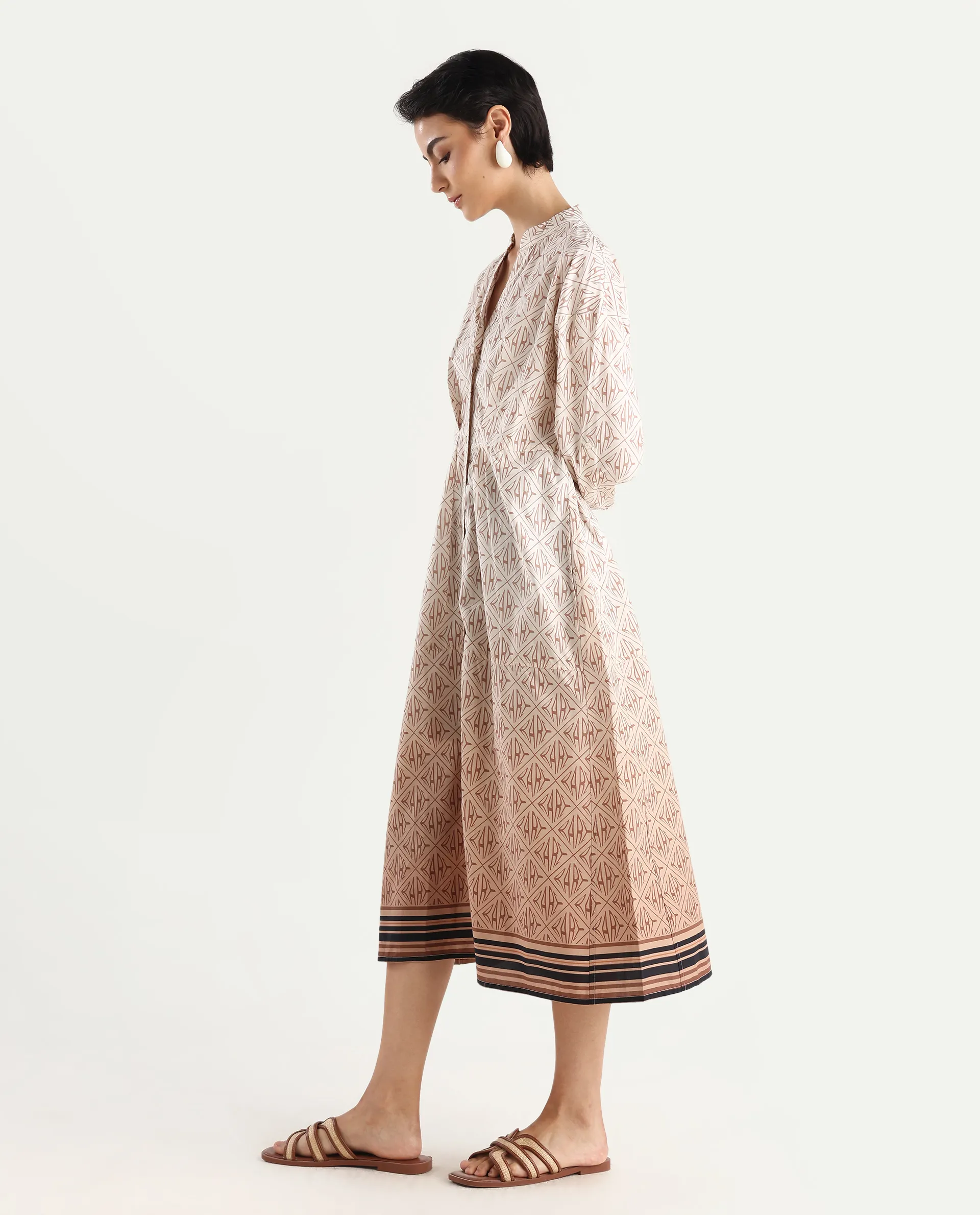 Rareism Women's Klee Beige Cotton Mandarin Collar Geometric Print Cuffed Sleeve Midi Fit And Flare Dress - Image 5
