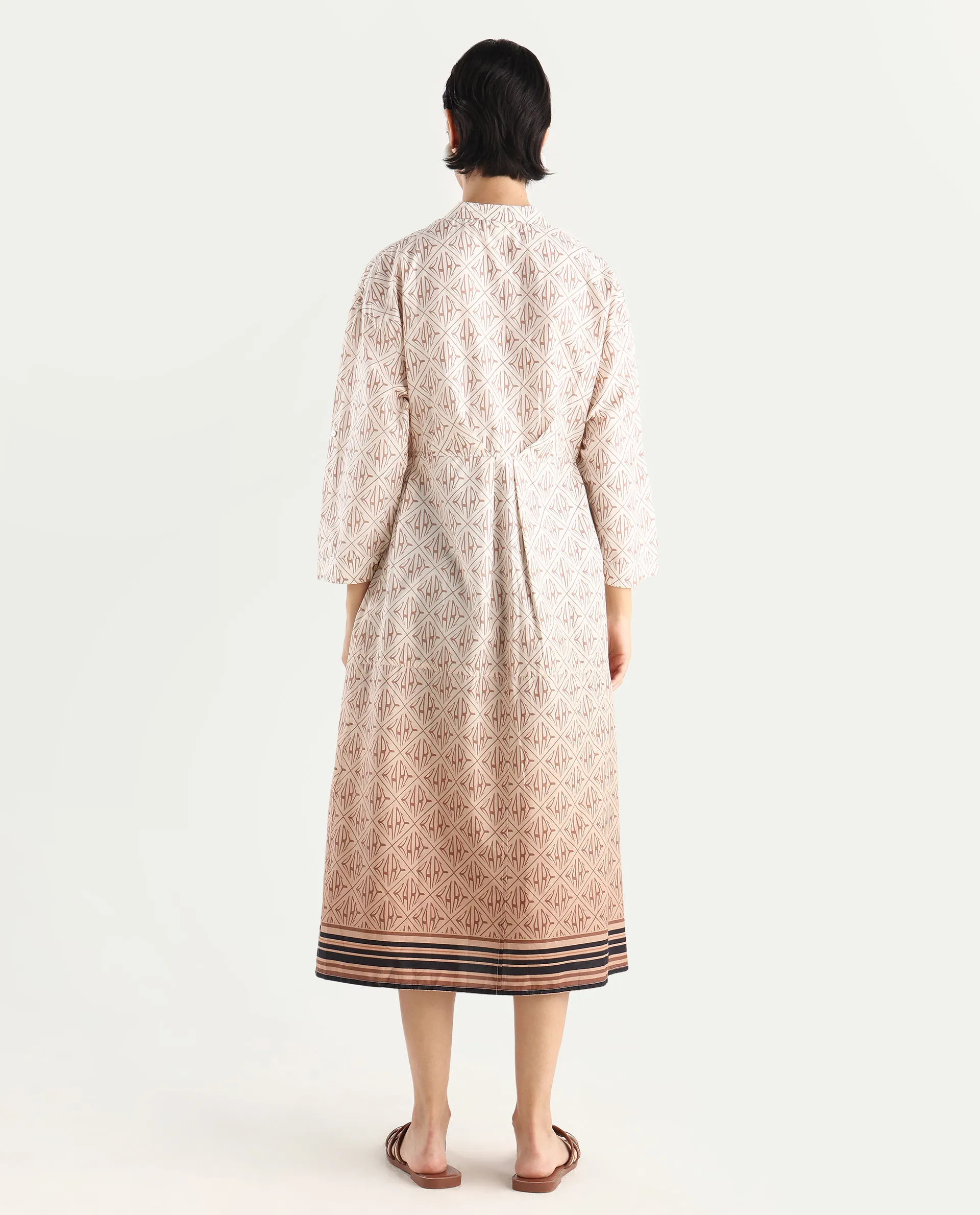 Rareism Women's Klee Beige Cotton Mandarin Collar Geometric Print Cuffed Sleeve Midi Fit And Flare Dress - Image 7