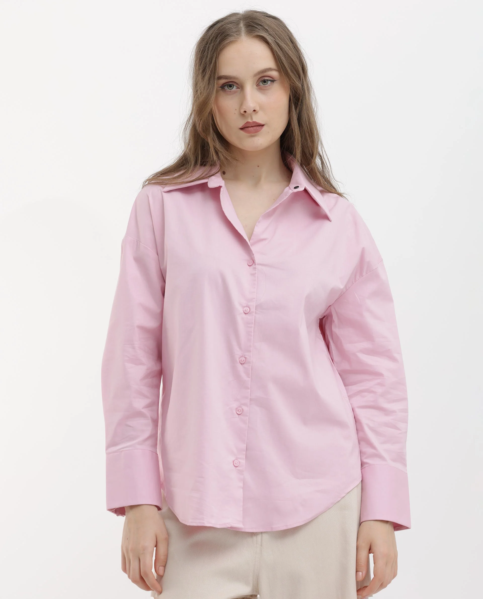 Rareism Women's Klox Pink Cotton Spread Collar Plain Cuffed Sleeve Regular Fit Shirt