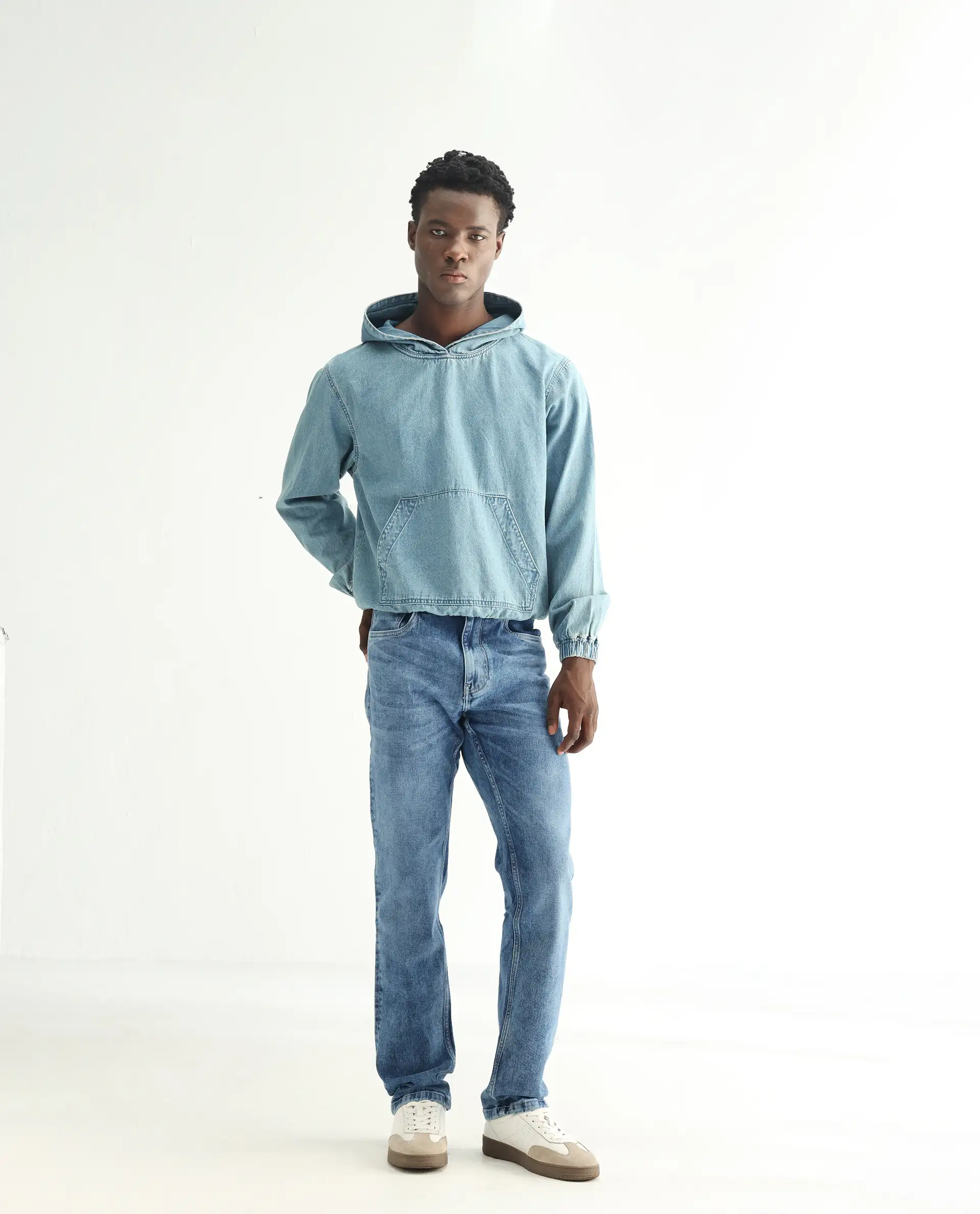 Rare Rabbit Men's Klune-2 Blue Cotton Blend Plain Morris Regular Fit Jeans