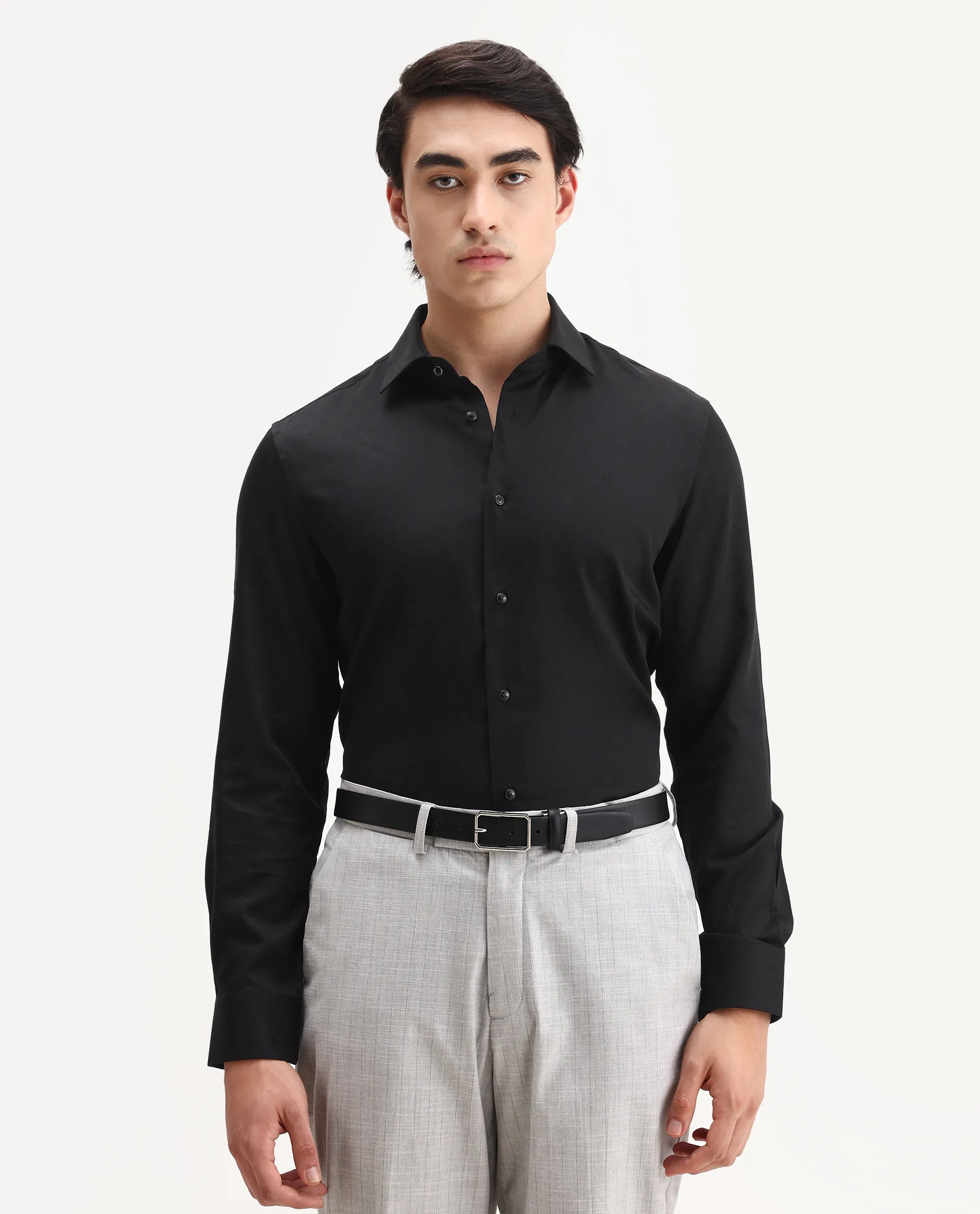Rare Rabbit Men's Klut Black Cotton Blend Fabric Spread Collar Regular Fit Jacquard Shirt