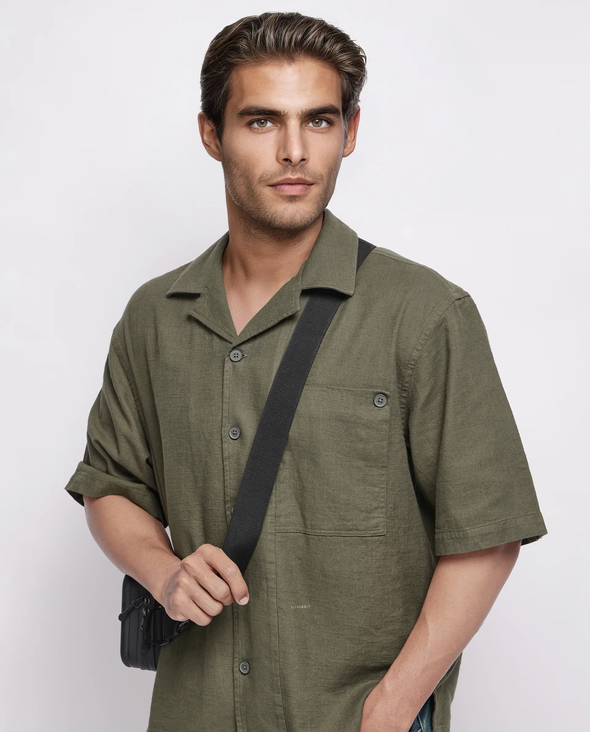 Rare Rabbit Men's Koba Olive Viscose Plain Boxy Fit Half Sleeve Cuban Collar Shirt