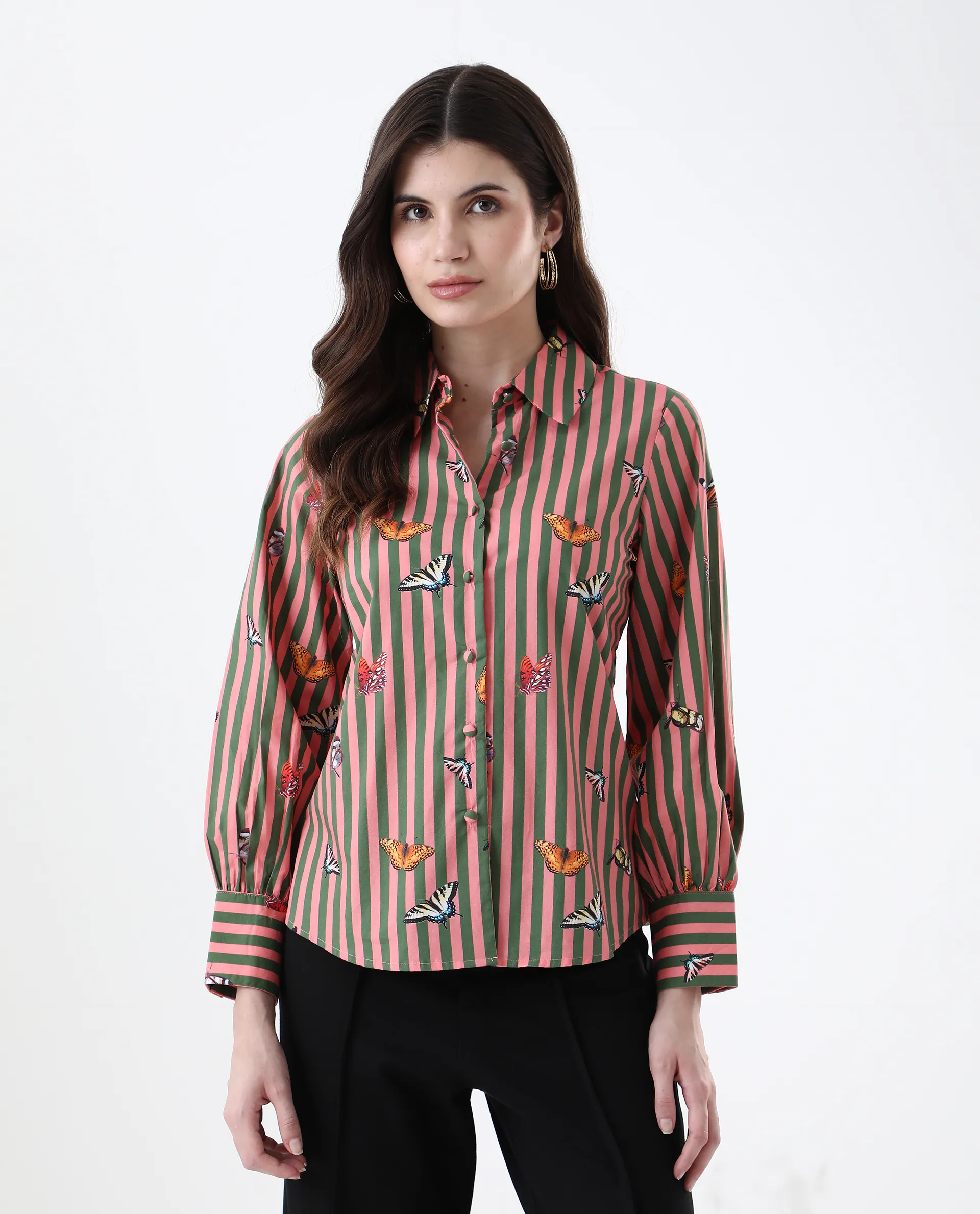 Rareism Women's Kolvo Multi Cotton Spread Collar Striped Bishop Sleeve Regular Fit Top