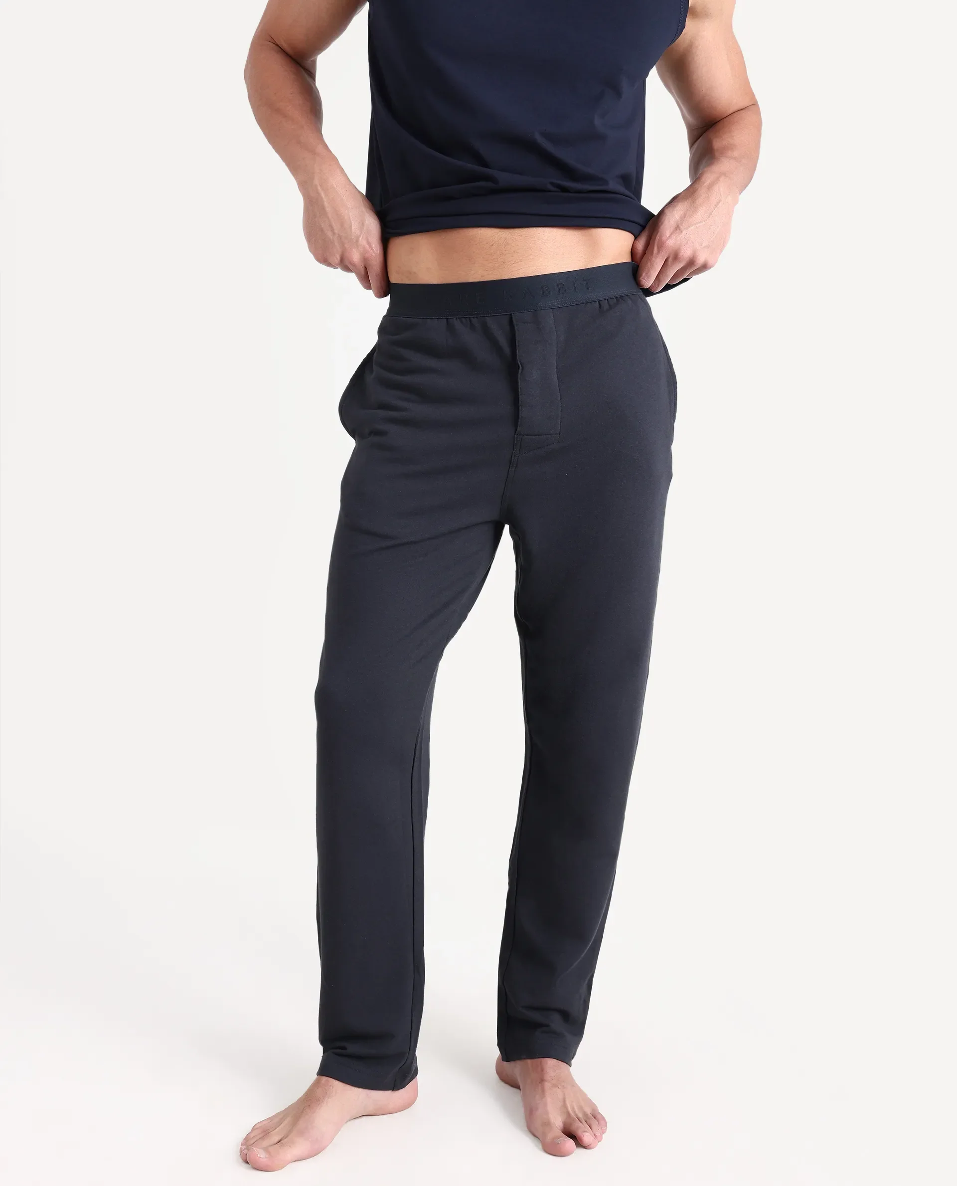 Rare Rabbit Men's Koney Navy Cotton Blend Fabric Regular Fit Plain Pajama
