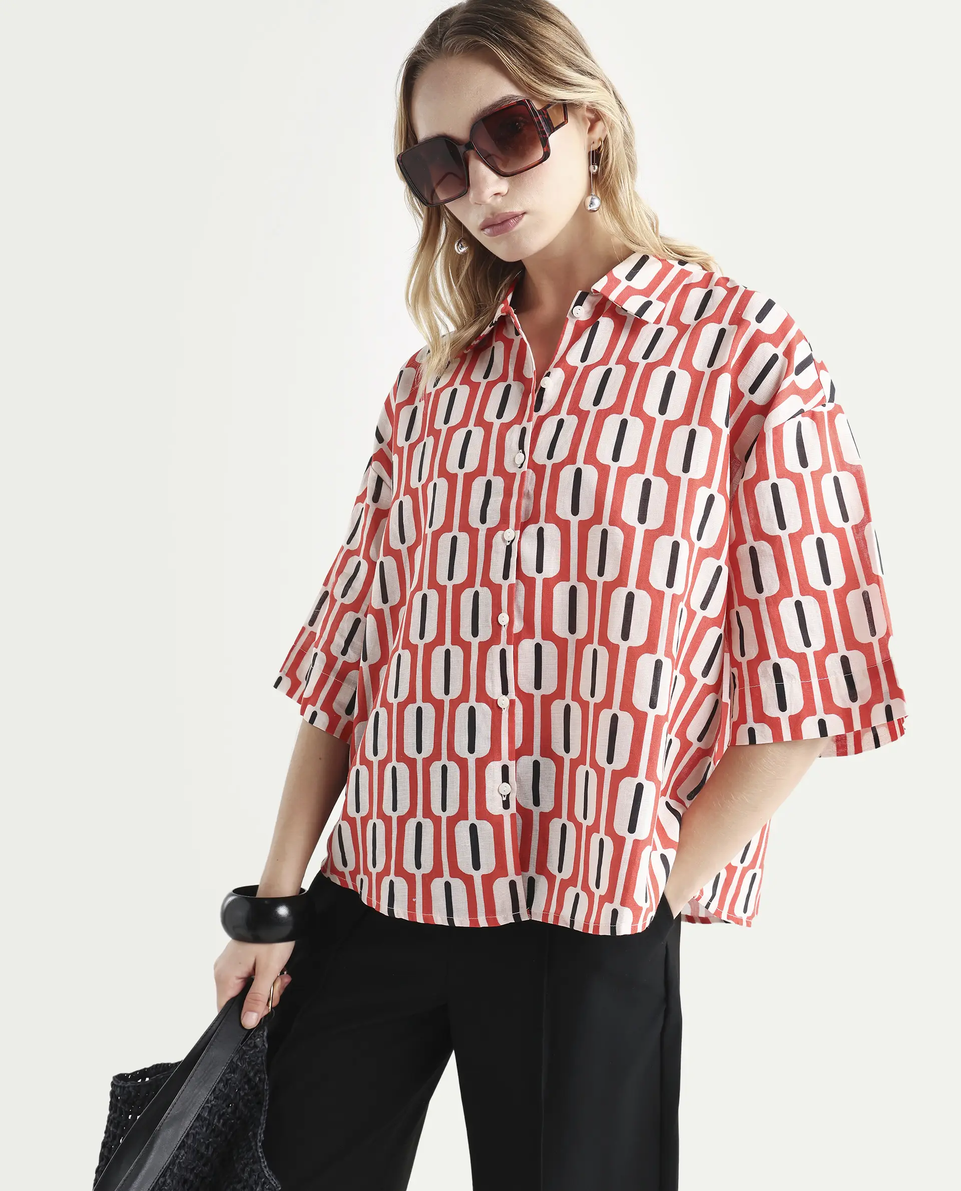 Rareism Women's Koor Multi Cotton Blend Drop Collar Geometric Print Relaxed Fit Shirt