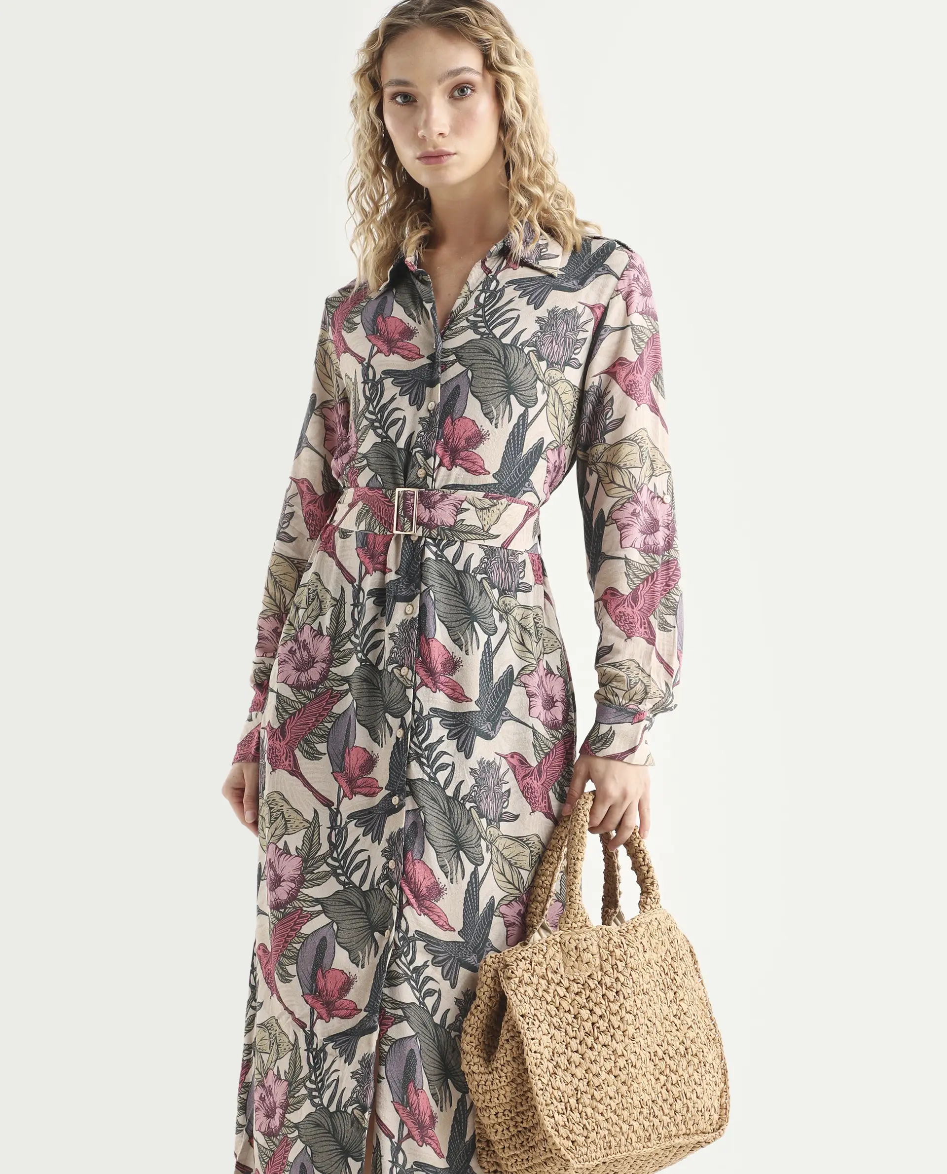 Rareism Women's Korean Multi Moroccan Crepe Drop Collar Abstract Print Cuffed Sleeve Maxi Fit And Flare Dress