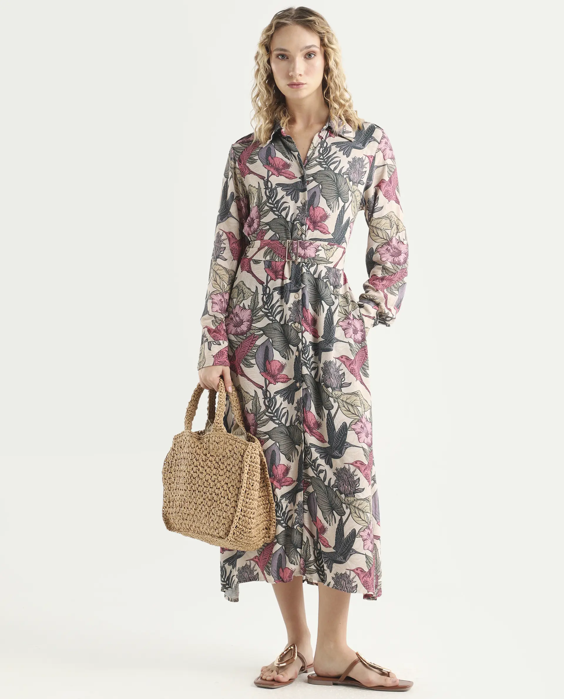 Rareism Women's Korean Multi Moroccan Crepe Drop Collar Abstract Print Cuffed Sleeve Maxi Fit And Flare Dress - Image 2