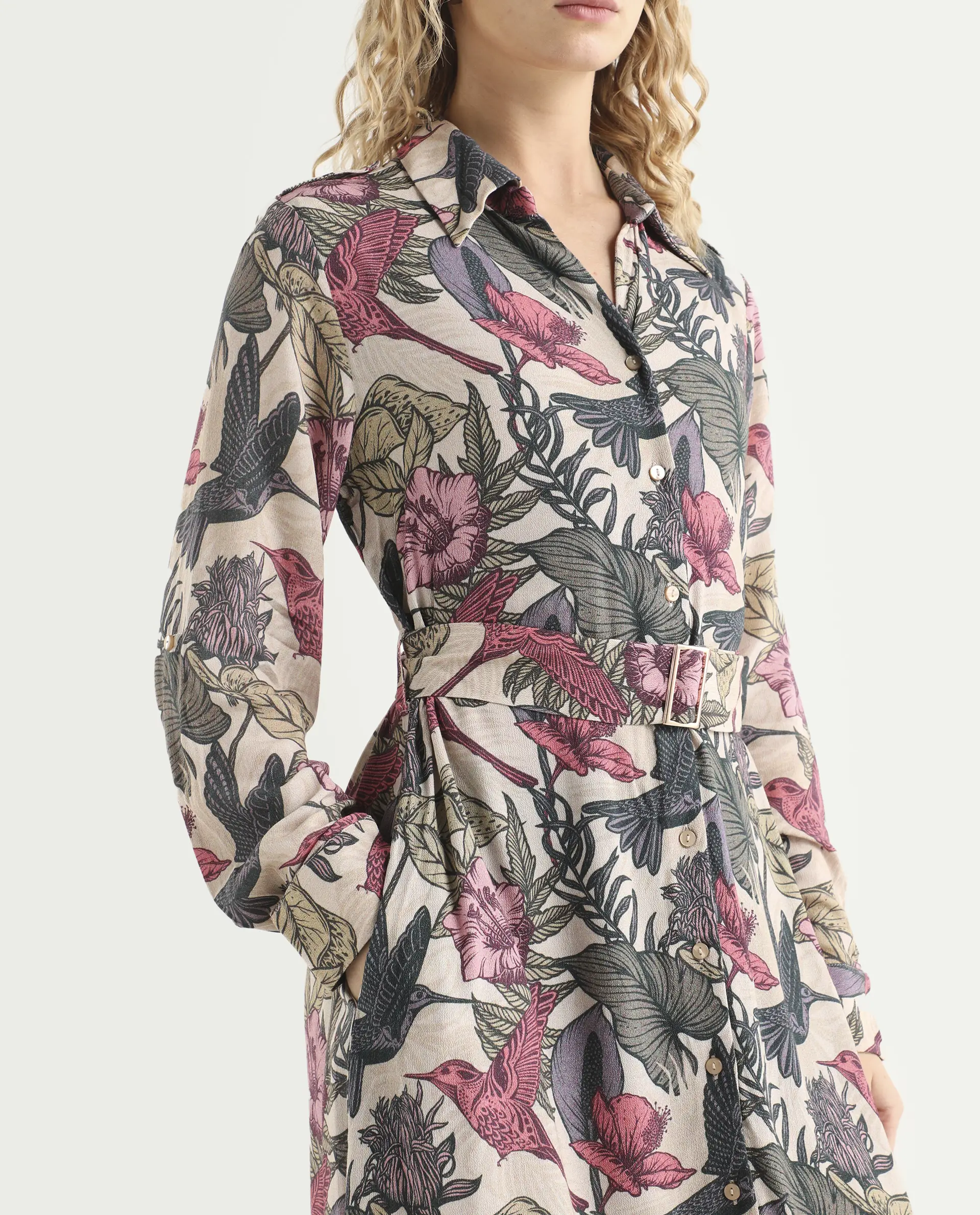 Rareism Women's Korean Multi Moroccan Crepe Drop Collar Abstract Print Cuffed Sleeve Maxi Fit And Flare Dress - Image 3