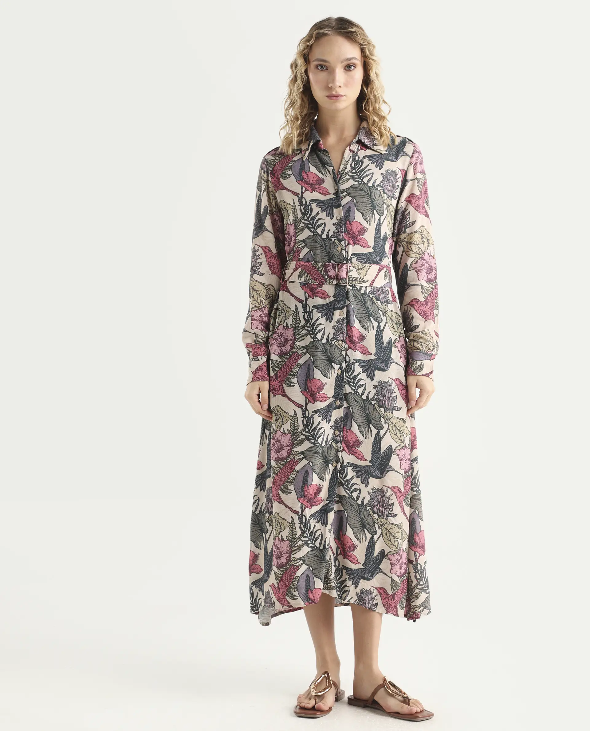 Rareism Women's Korean Multi Moroccan Crepe Drop Collar Abstract Print Cuffed Sleeve Maxi Fit And Flare Dress - Image 4