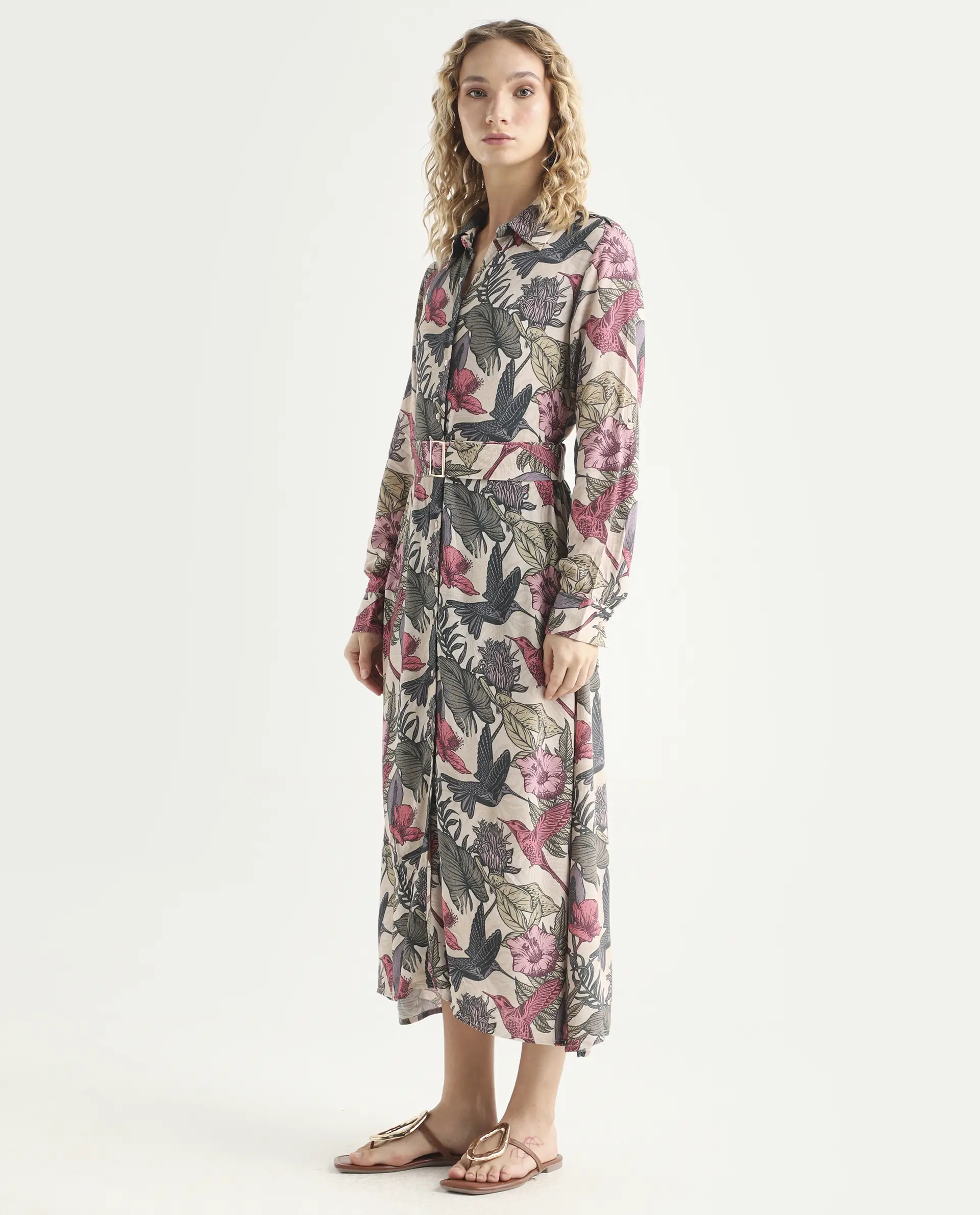 Rareism Women's Korean Multi Moroccan Crepe Drop Collar Abstract Print Cuffed Sleeve Maxi Fit And Flare Dress - Image 5