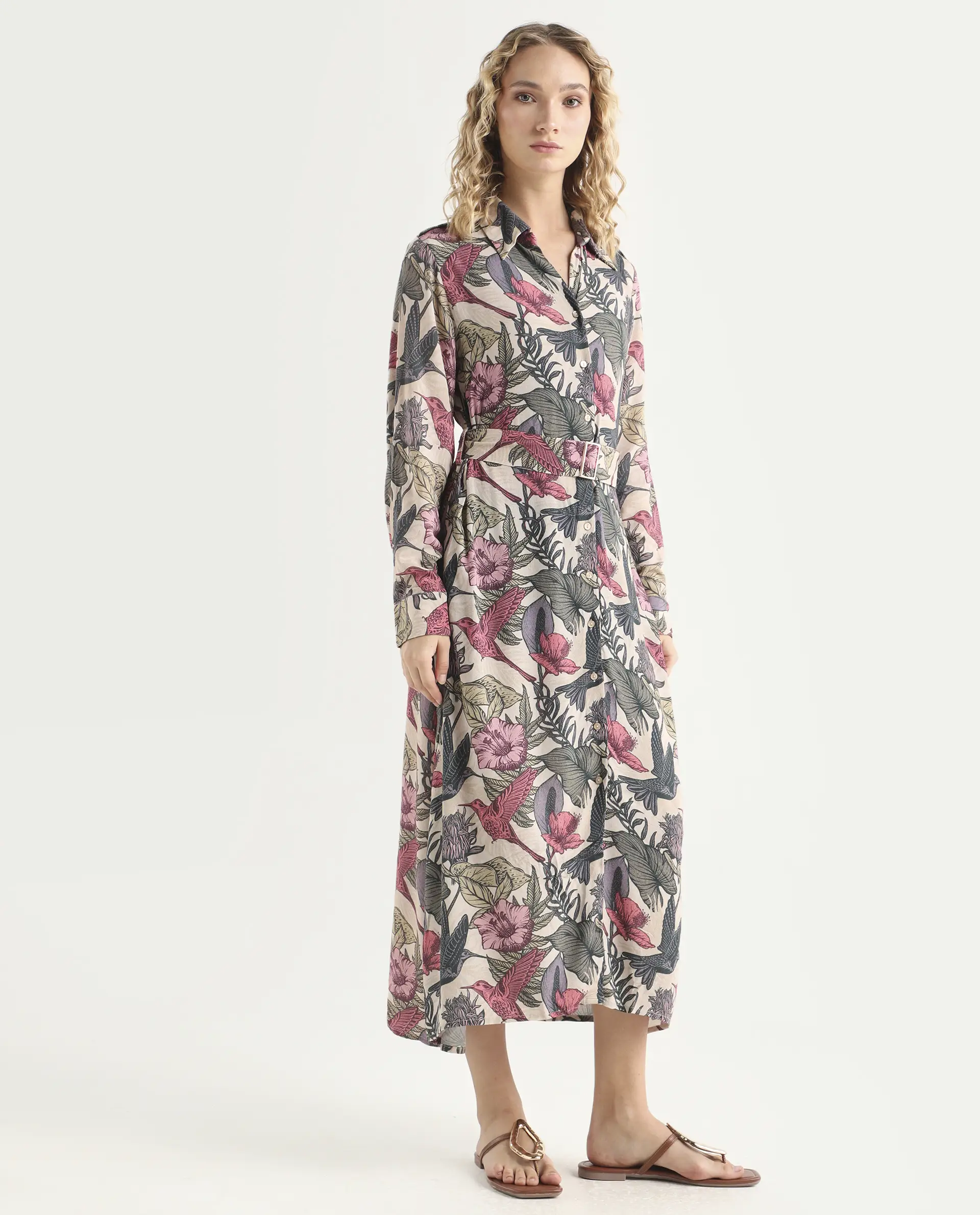 Rareism Women's Korean Multi Moroccan Crepe Drop Collar Abstract Print Cuffed Sleeve Maxi Fit And Flare Dress - Image 6